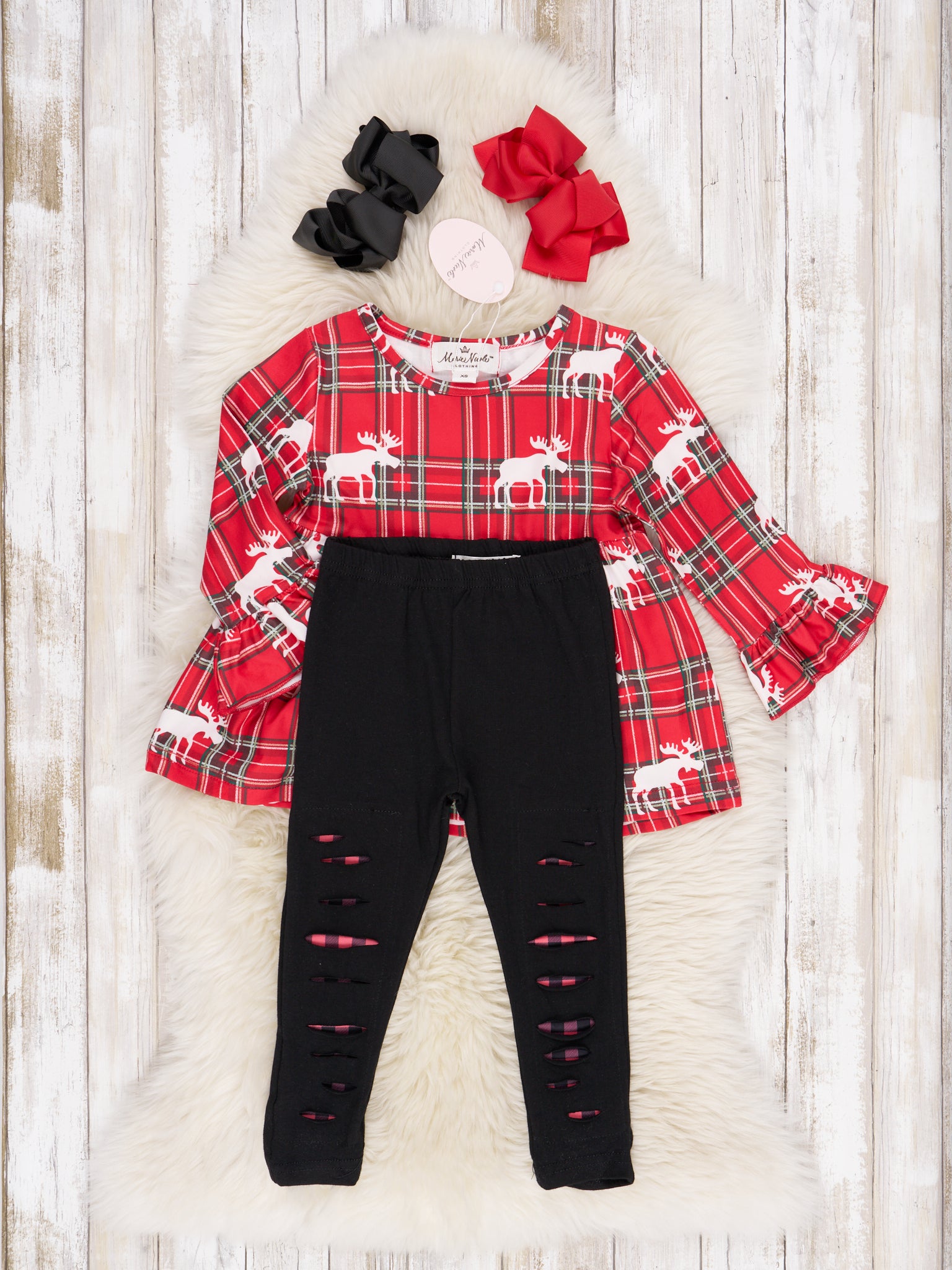 Plaid Moose Distressed Outfit - Marie Nicole Clothing
