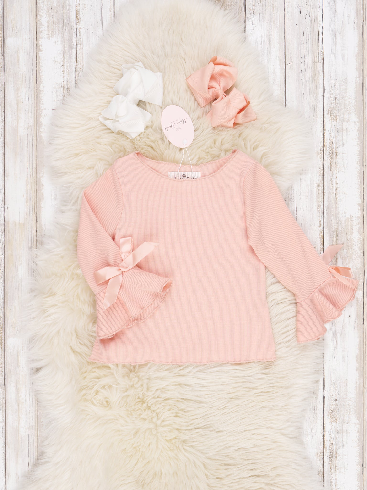 Light Peach Bell Sleeve Top & Denim Overall Dress Set - Marie Nicole Clothing