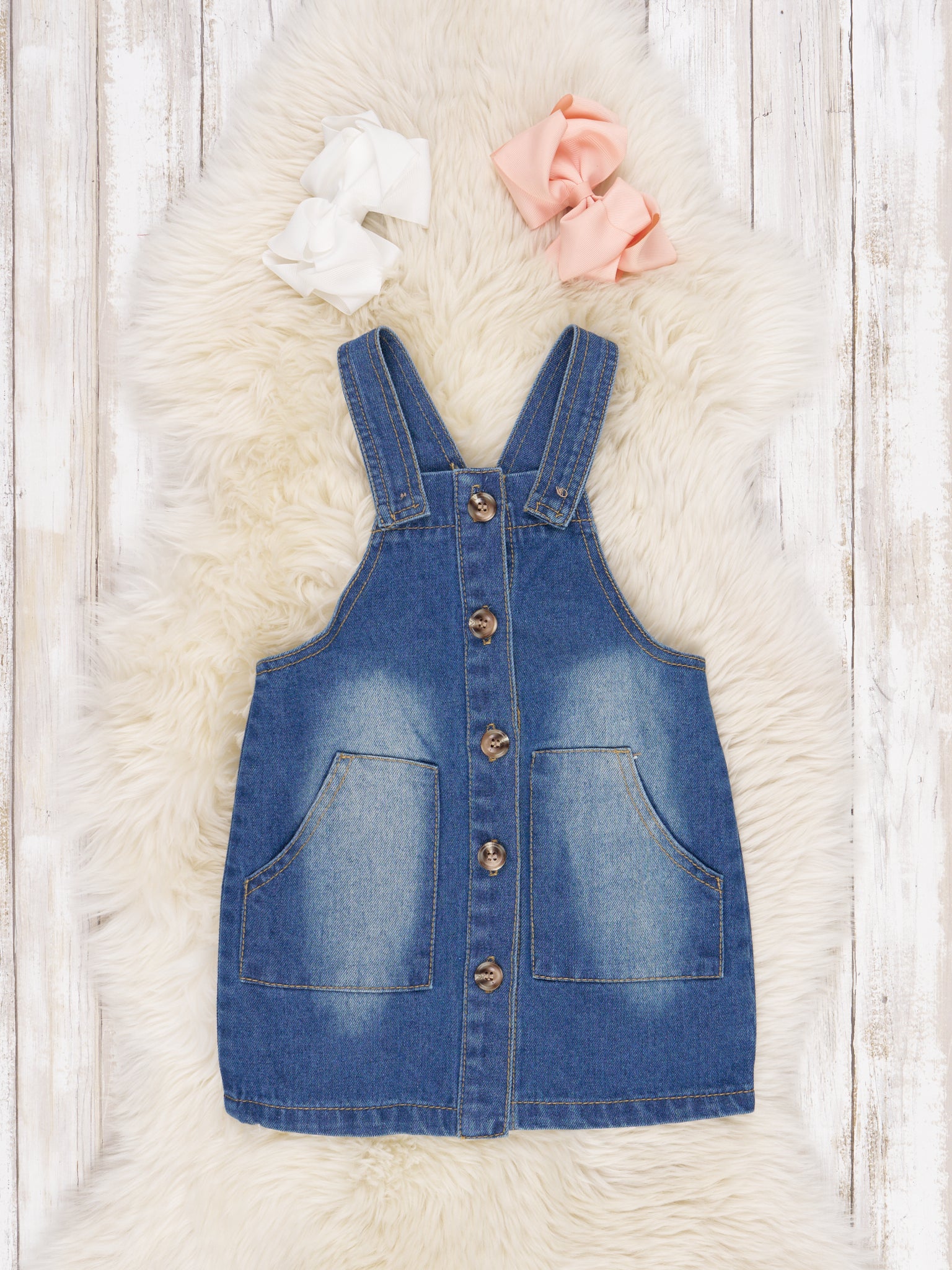 Light Peach Bell Sleeve Top & Denim Overall Dress Set - Marie Nicole Clothing