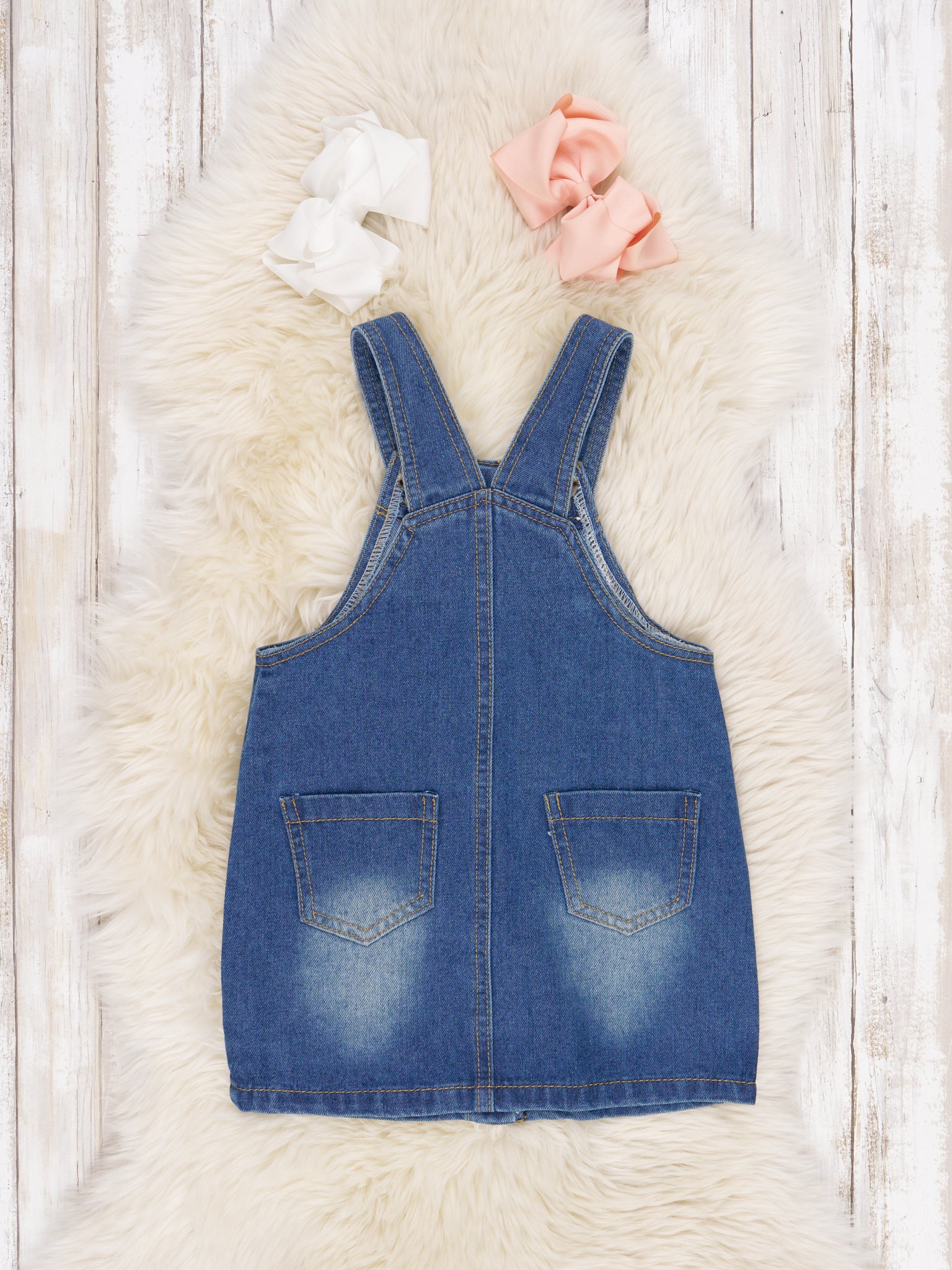 Light Peach Bell Sleeve Top & Denim Overall Dress Set - Marie Nicole Clothing