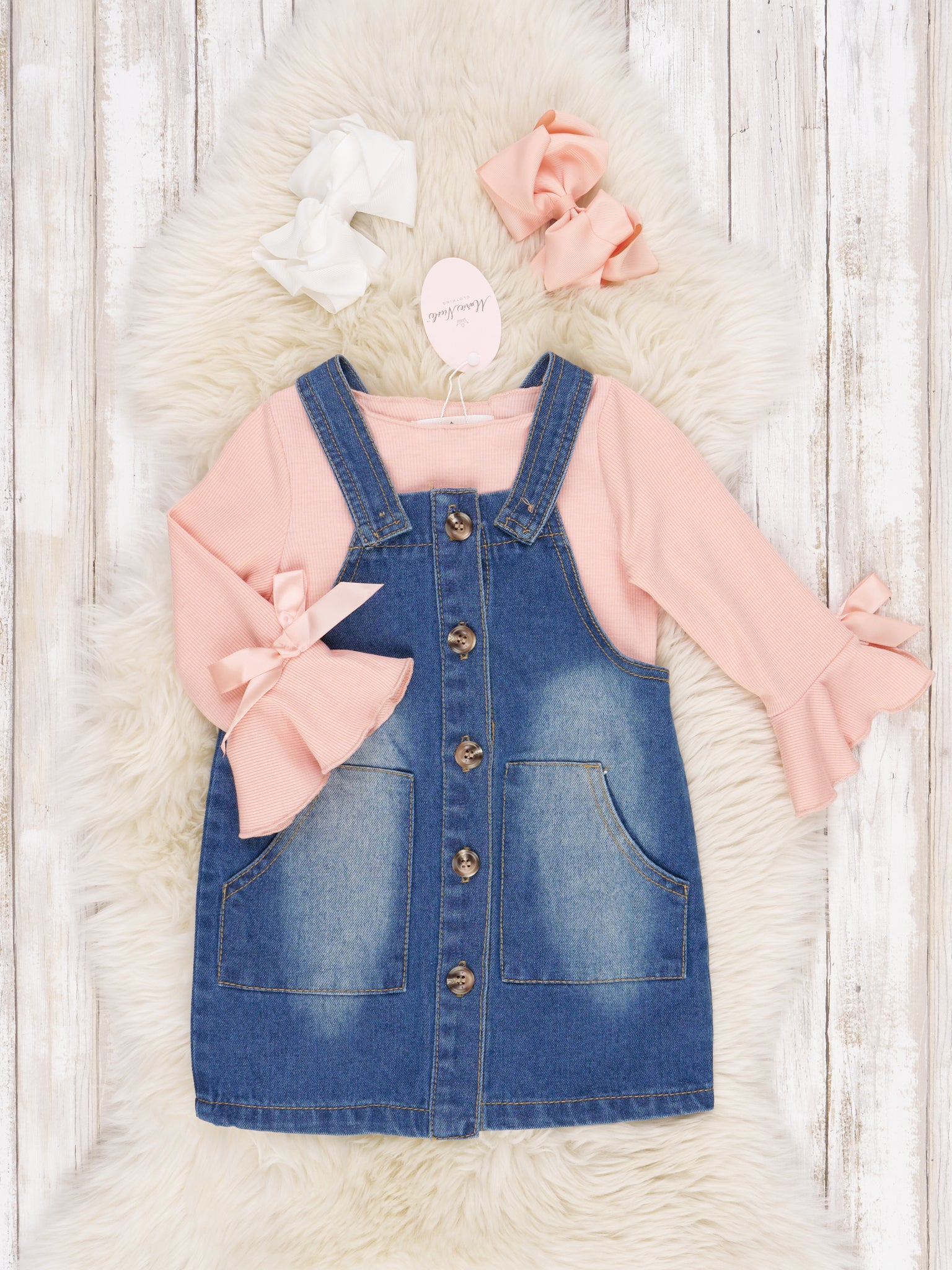 Light Peach Bell Sleeve Top & Denim Overall Dress Set - Marie Nicole Clothing