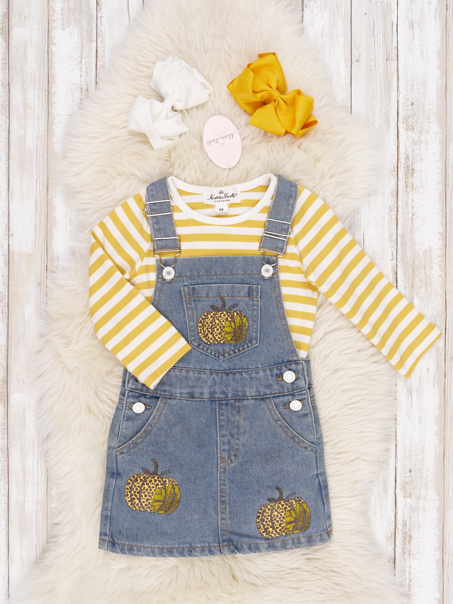 Mustard Striped Shirt & Denim Pumpkin Overall Dress - Marie Nicole Clothing
