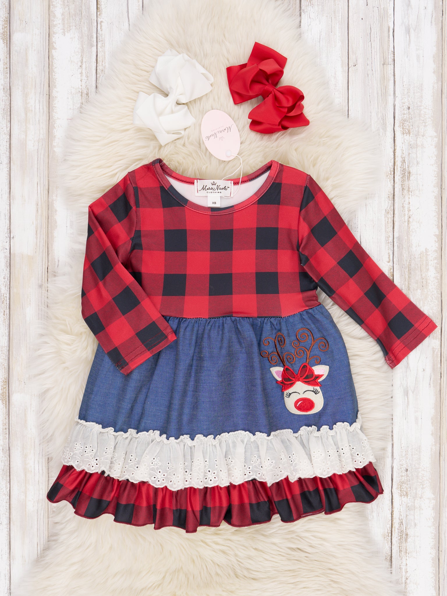 Chambray & Buffalo Plaid Reindeer Ruffle Dress - Marie Nicole Clothing