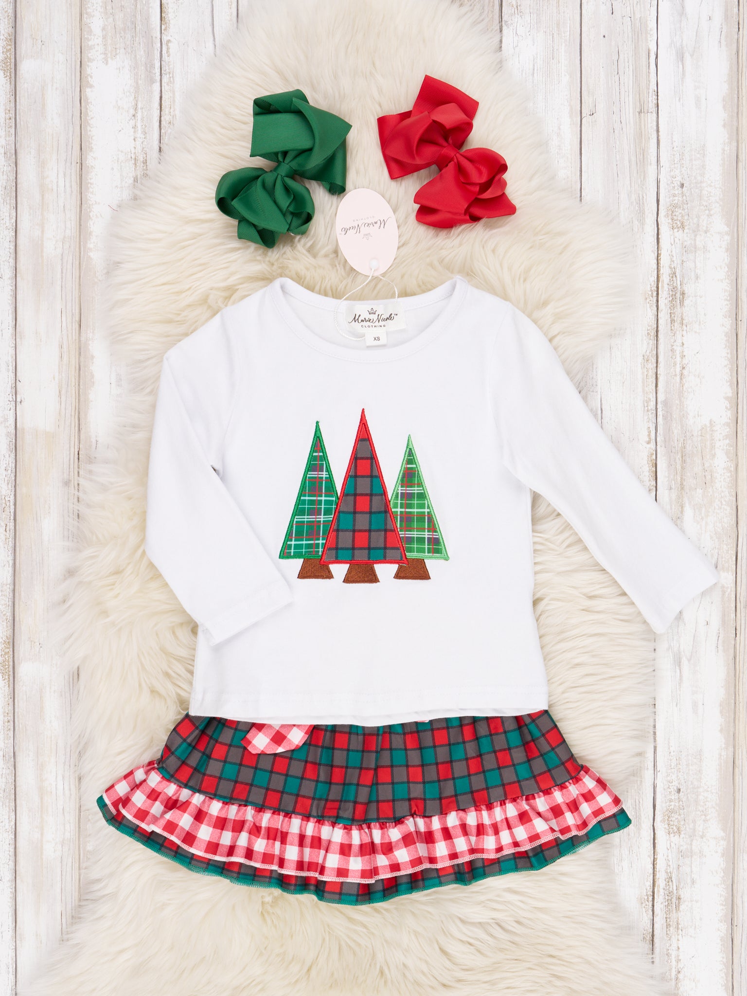 Plaid Christmas Tree Ruffle Skirt Outfit - Marie Nicole Clothing