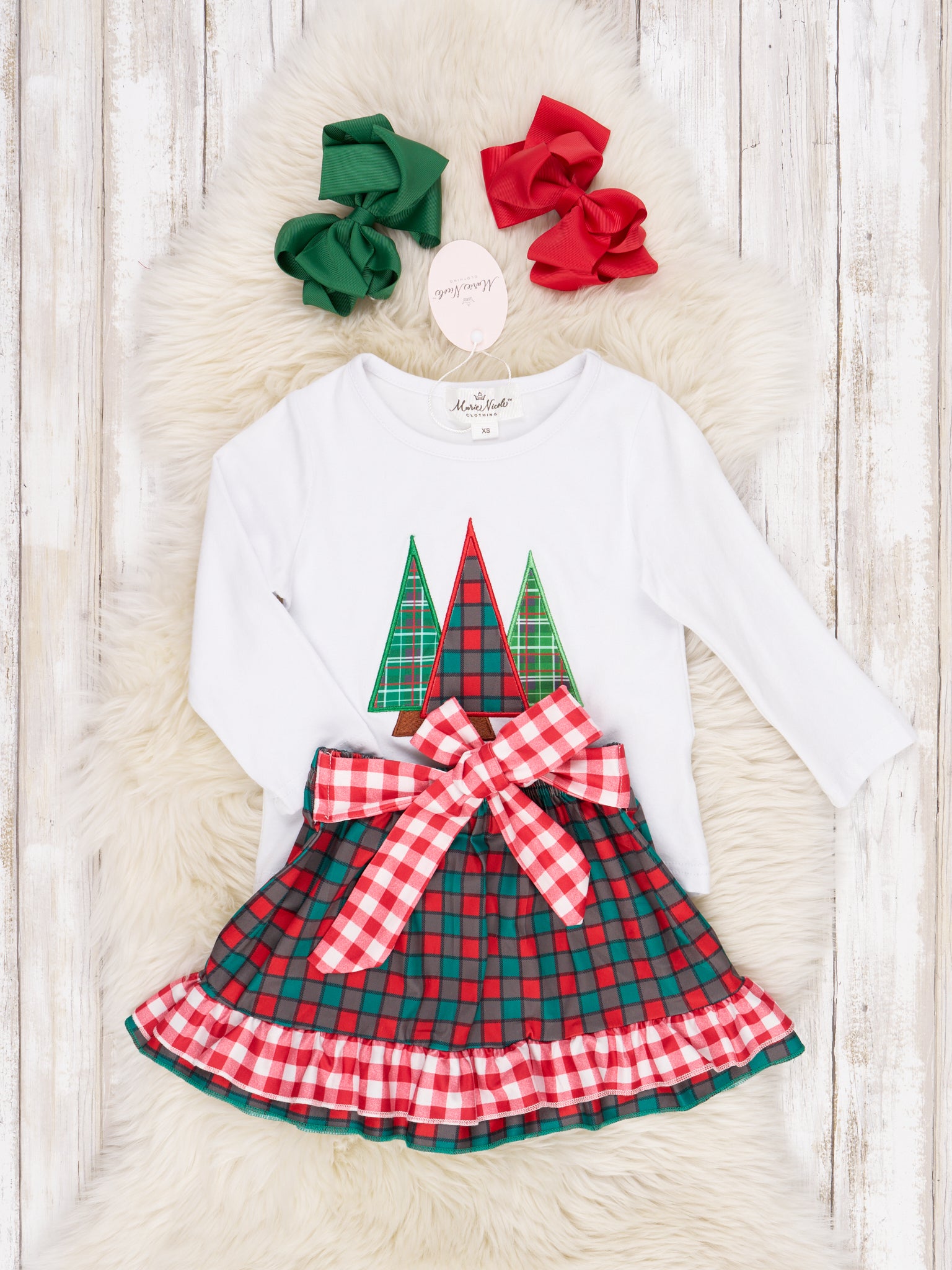 Plaid Christmas Tree Ruffle Skirt Outfit - Marie Nicole Clothing