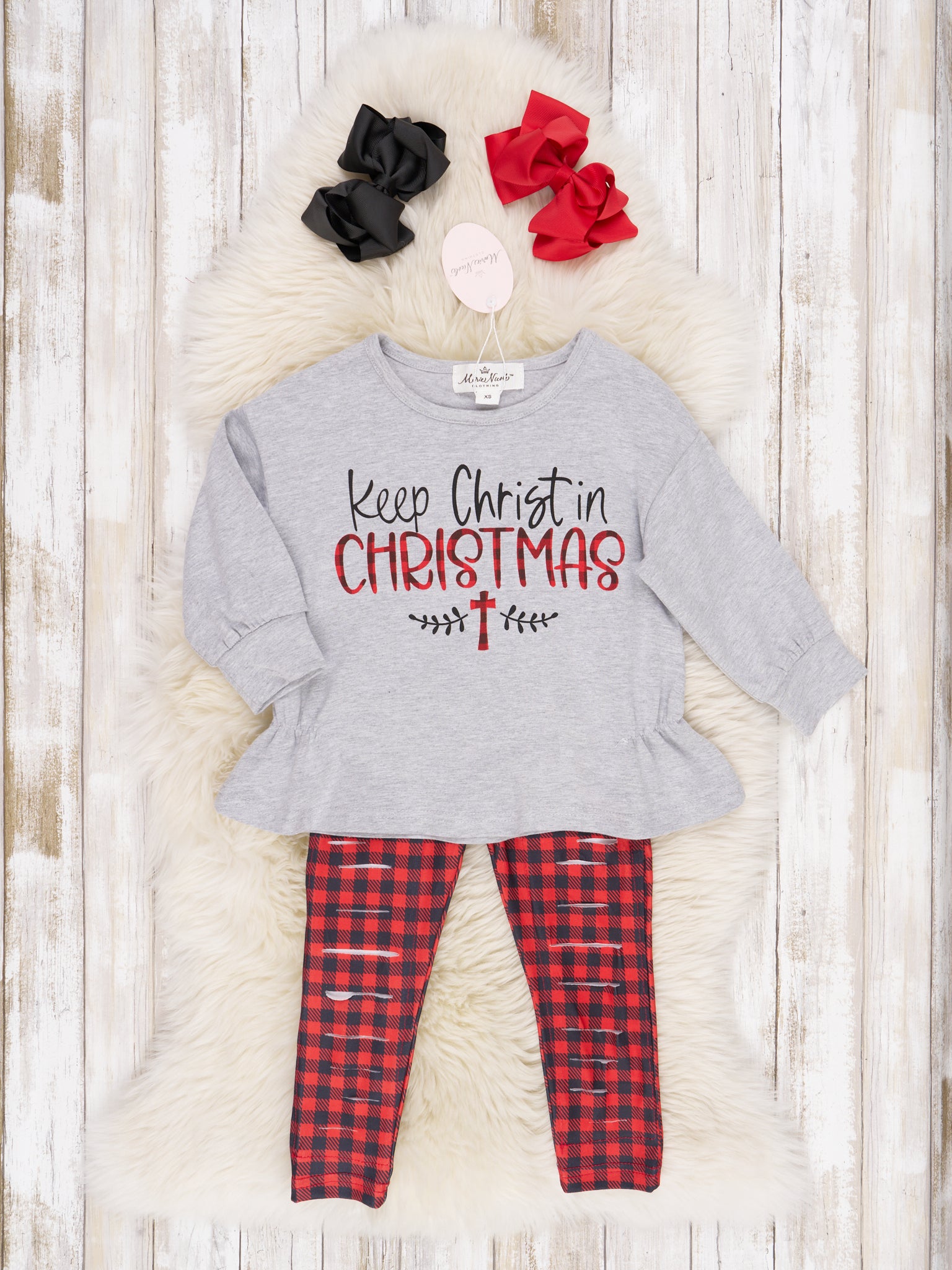 Buffalo Plaid Distressed Christmas Outfit - Marie Nicole Clothing