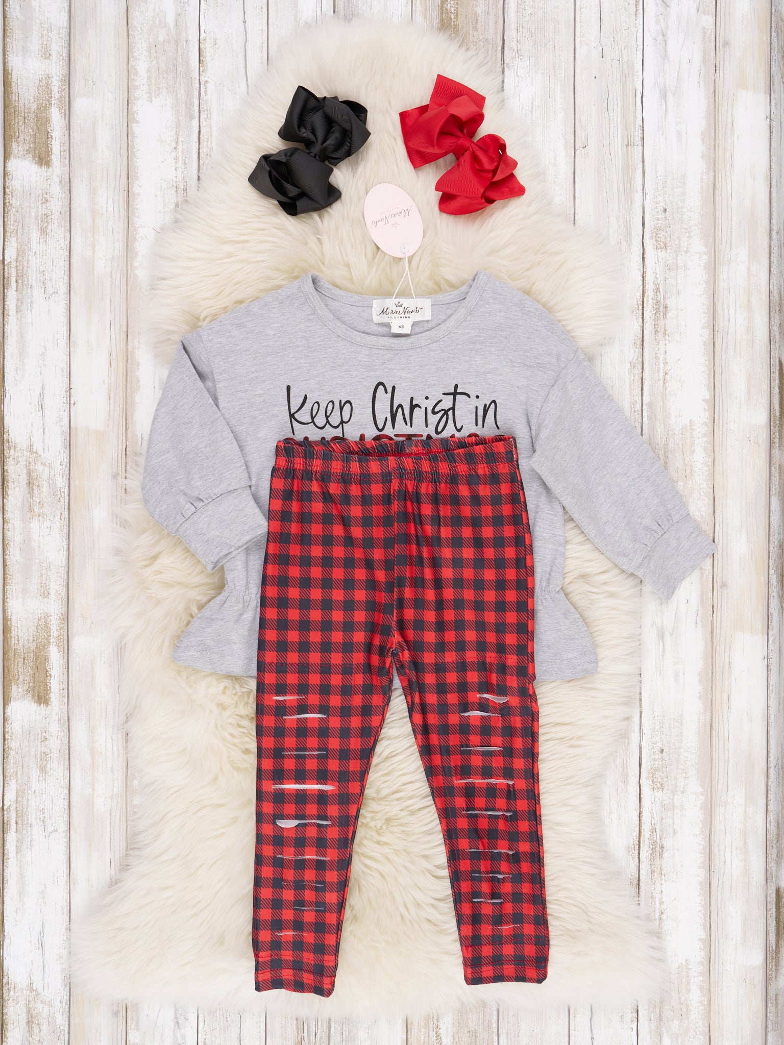 Buffalo Plaid Distressed Christmas Outfit - Marie Nicole Clothing