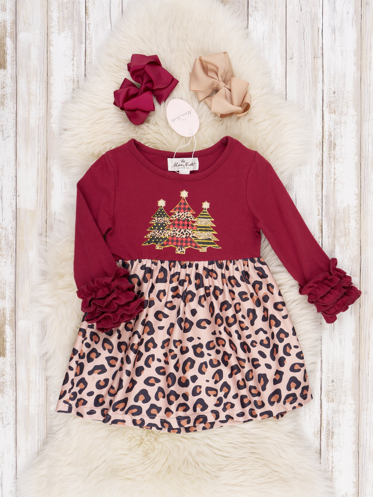 Burgundy Leopard Christmas Tree Ruffle Dress - Marie Nicole Clothing