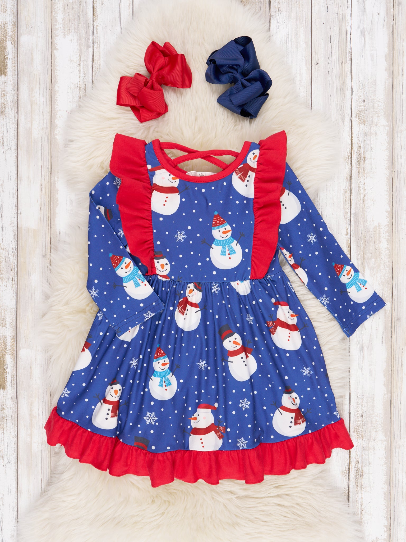 Blue & Red Snowman Ruffle Dress - Marie Nicole Clothing