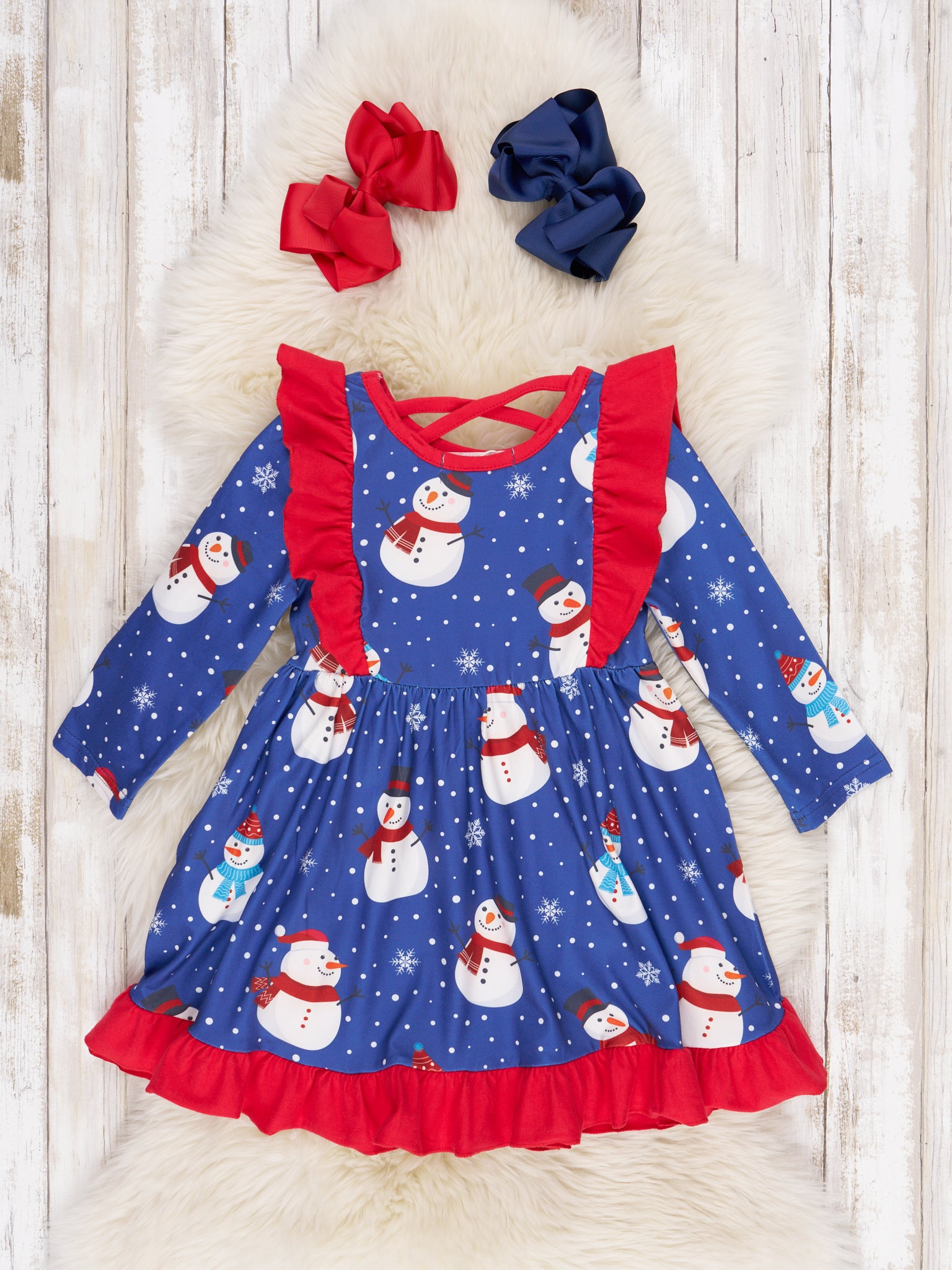 Blue & Red Snowman Ruffle Dress - Marie Nicole Clothing