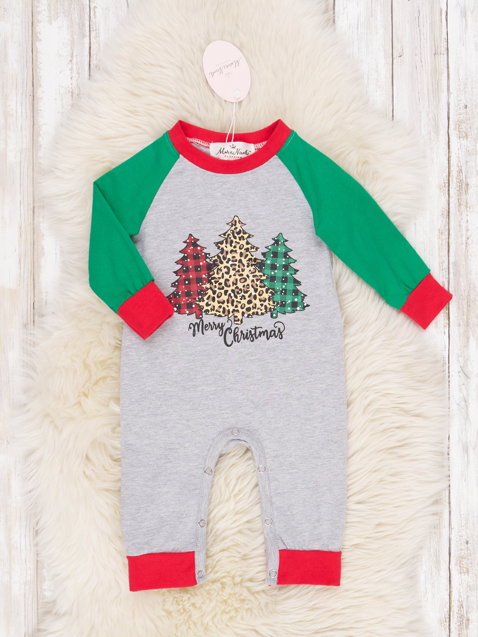 Green Christmas Leopard Raglan Romper - Marie Nicole Clothing