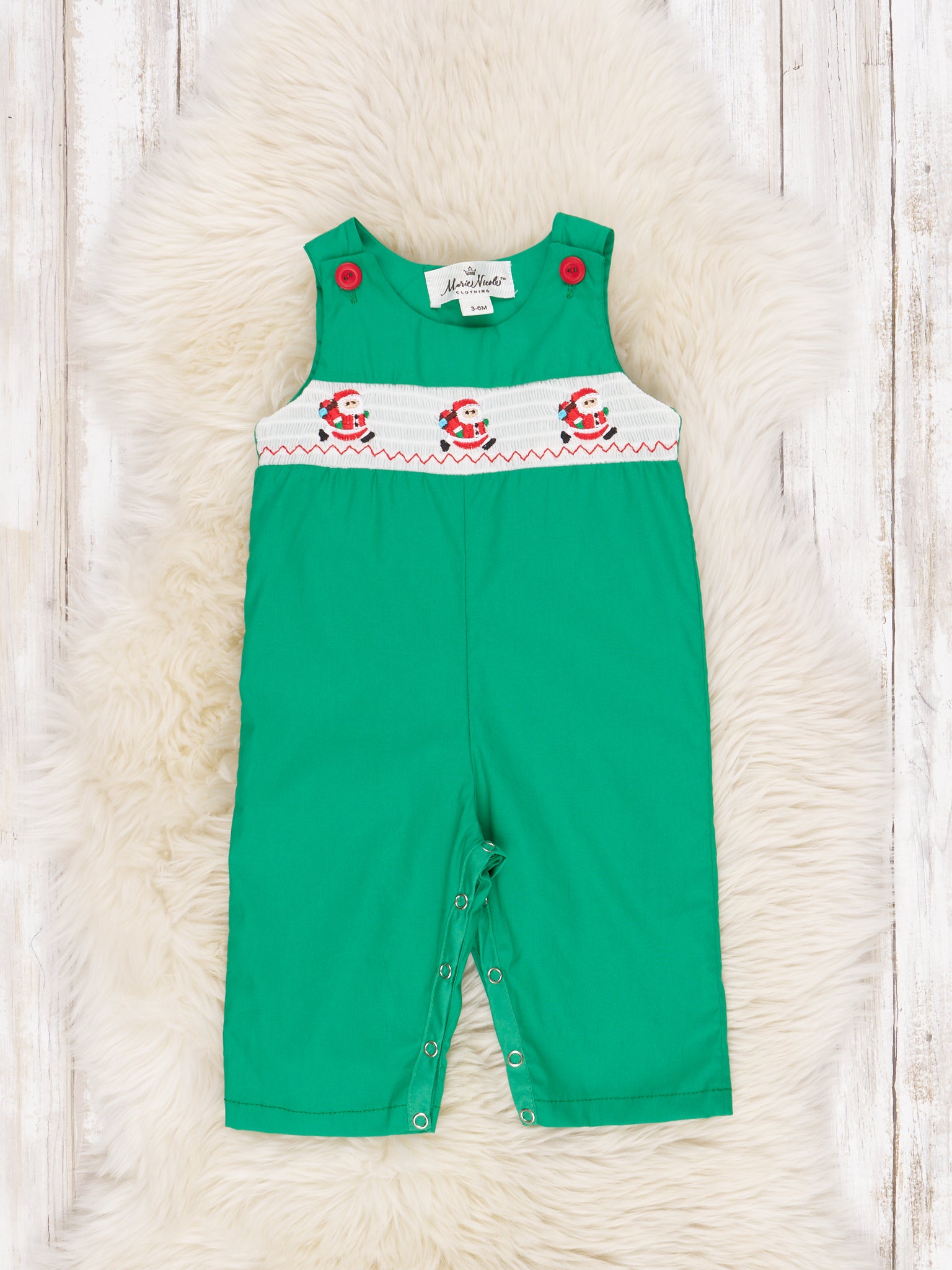 Green Santa Smocked Johnny - Marie Nicole Clothing