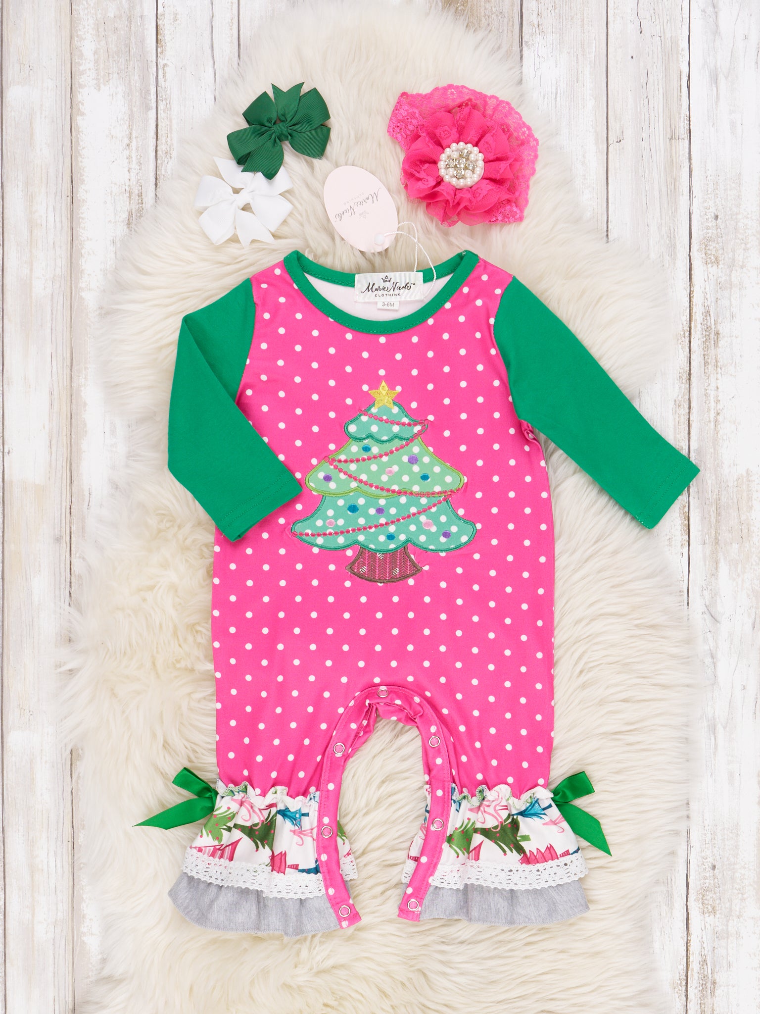 Pink Polka Dot Christmas Tree Raglan Ruffle Romper - Marie Nicole Clothing
