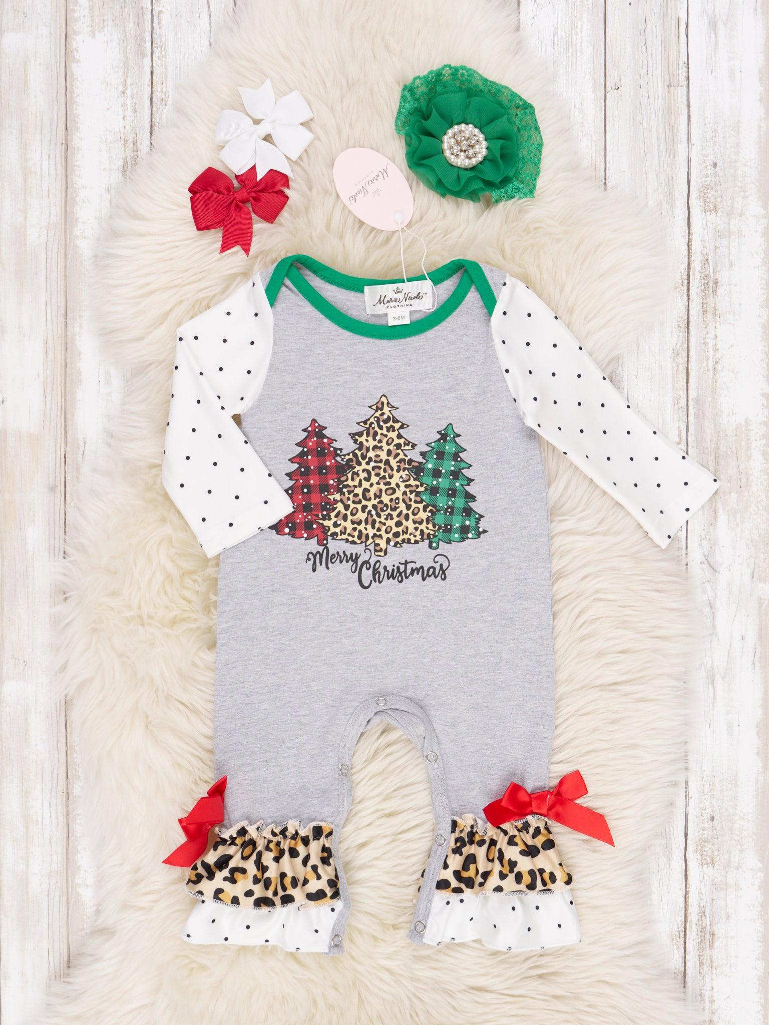 Green Christmas Leopard Ruffle Romper - Marie Nicole Clothing