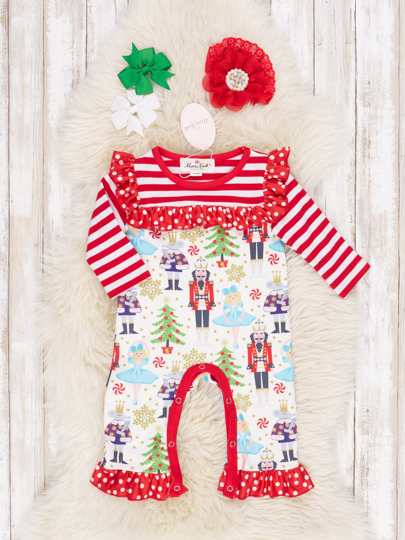 Red Striped Nutcracker Ruffle Romper - Marie Nicole Clothing