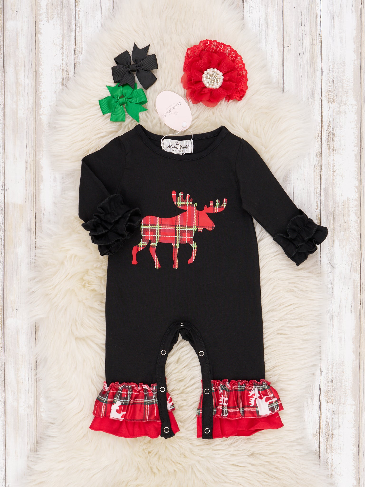 Plaid Moose Ruffle Romper - Marie Nicole Clothing