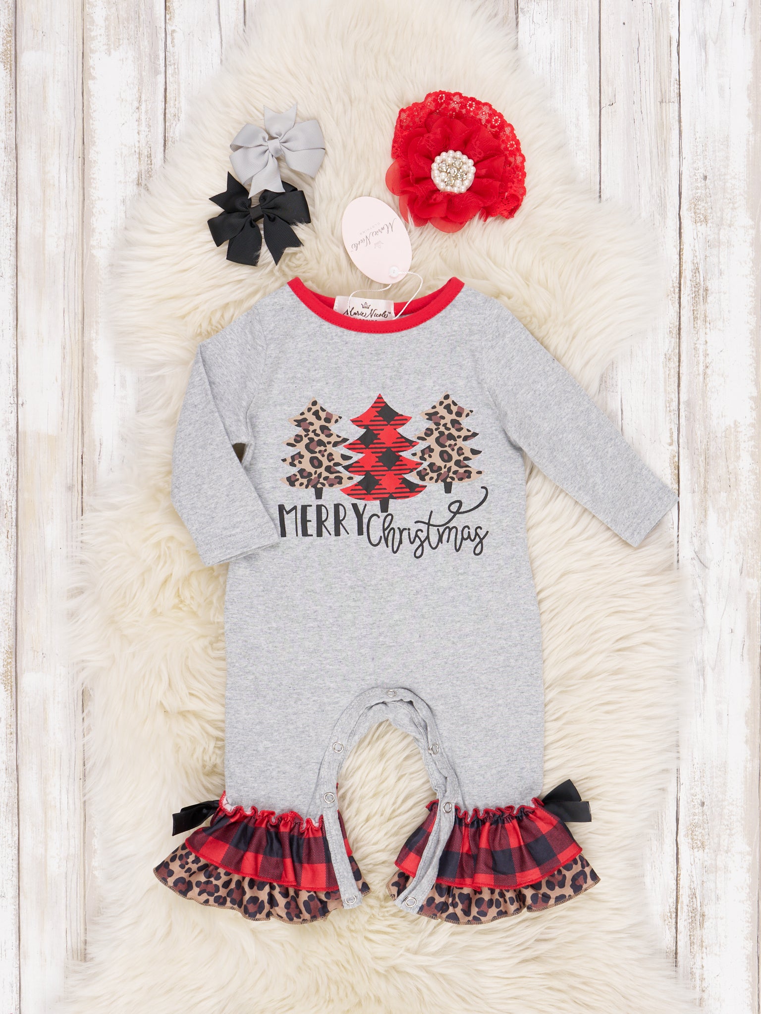Buffalo Plaid Christmas Tree Ruffle Romper - Marie Nicole Clothing