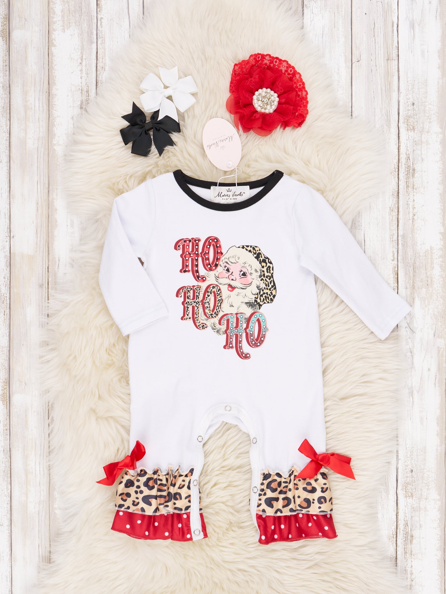 Leopard Santa "HO HO HO" Ruffle Romper - Marie Nicole Clothing