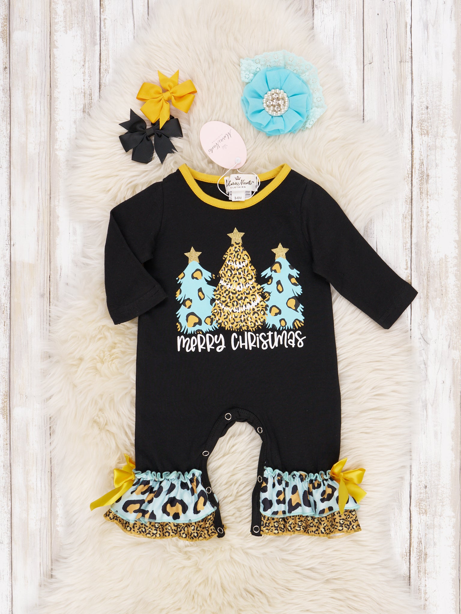 Blue Leopard Christmas Ruffle Romper - Marie Nicole Clothing