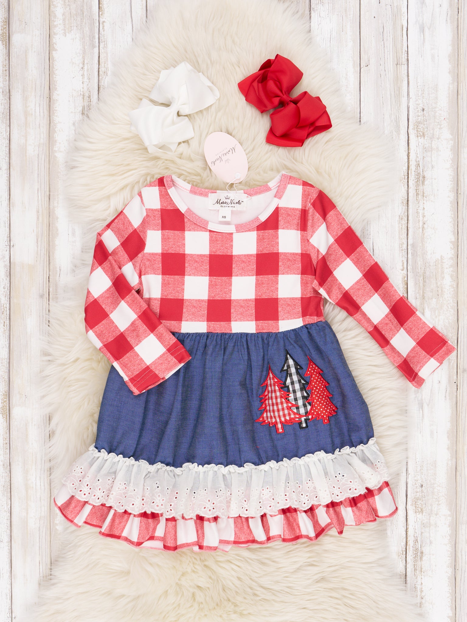 Red Gingham Chambray Christmas Tree Ruffle Dress - Marie Nicole Clothing