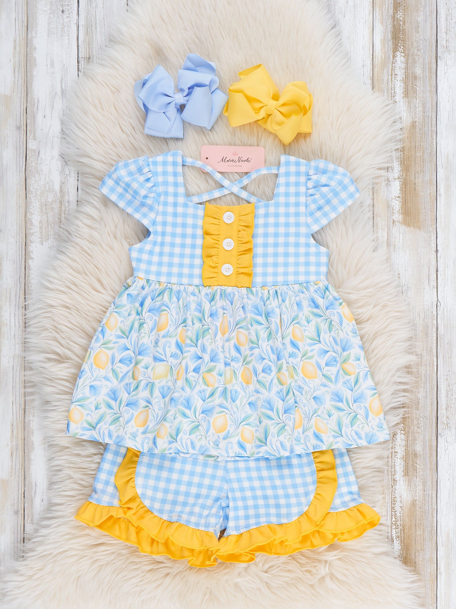 Sunny Lemons Gingham Ruffle Outfit - Marie Nicole Clothing