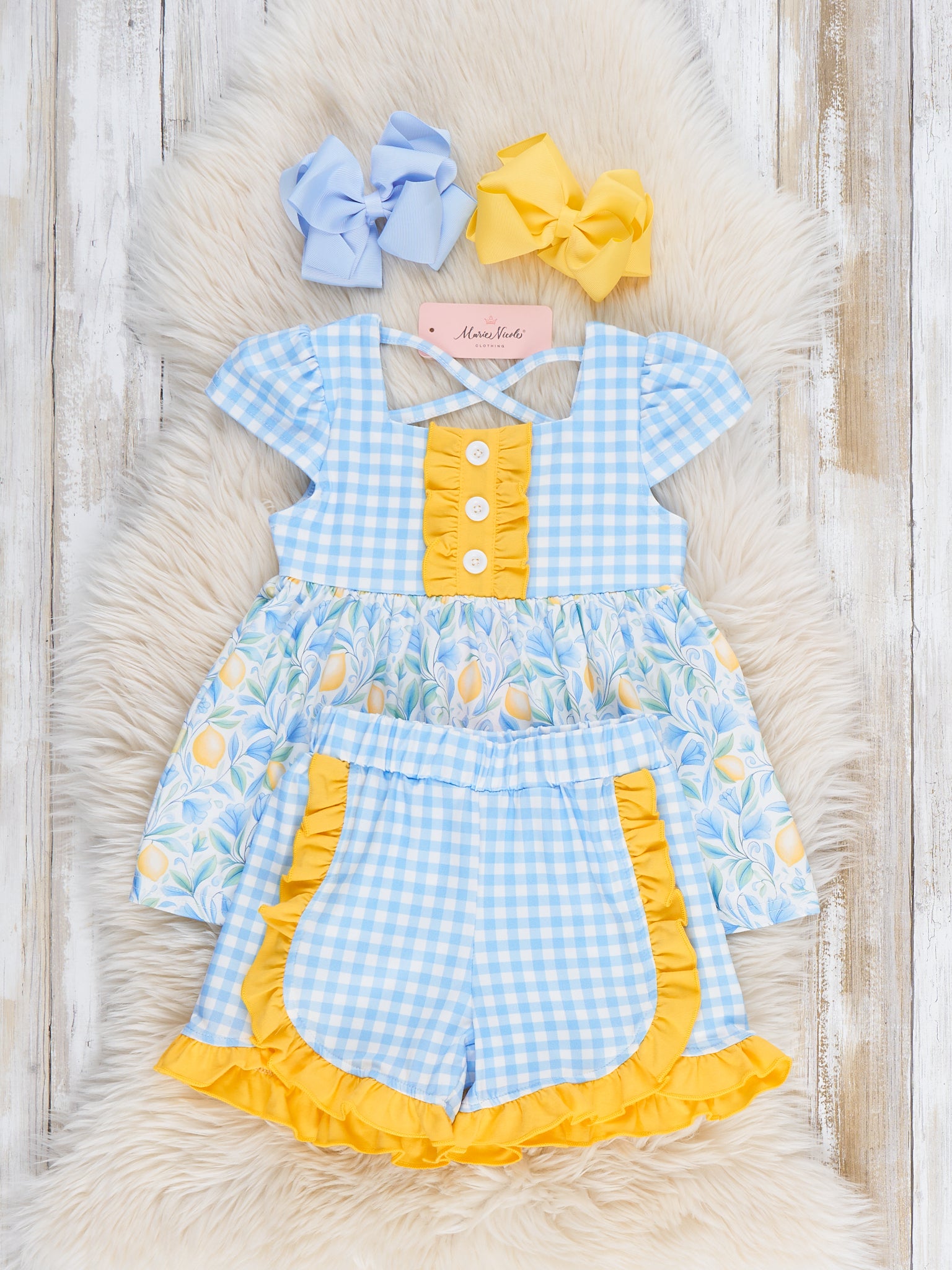 Sunny Lemons Gingham Ruffle Outfit - Marie Nicole Clothing