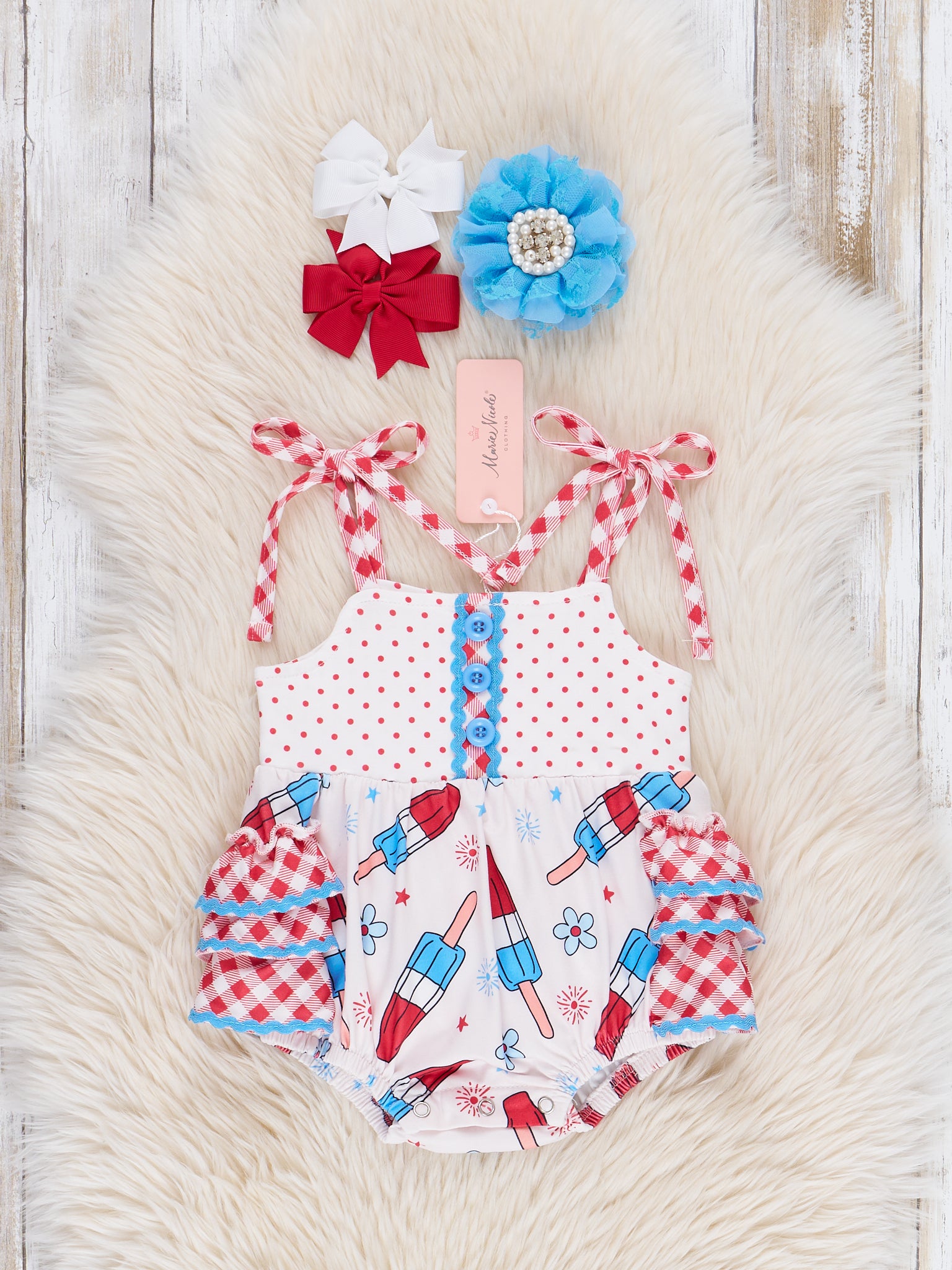 Red, White & Blue Gingham Popsicle Ruffle Bubble Romper - Marie Nicole Clothing