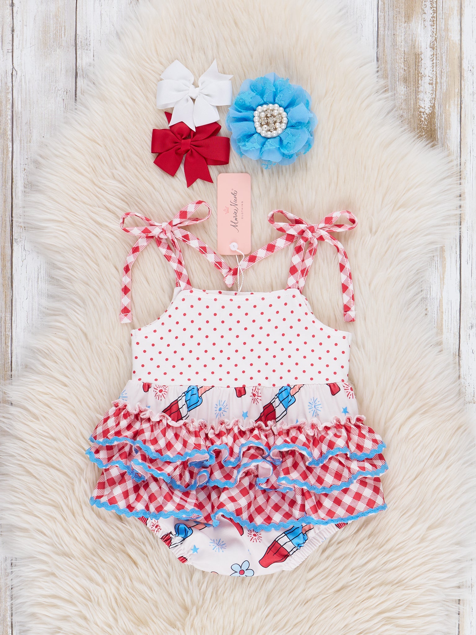 Red, White & Blue Gingham Popsicle Ruffle Bubble Romper - Marie Nicole Clothing