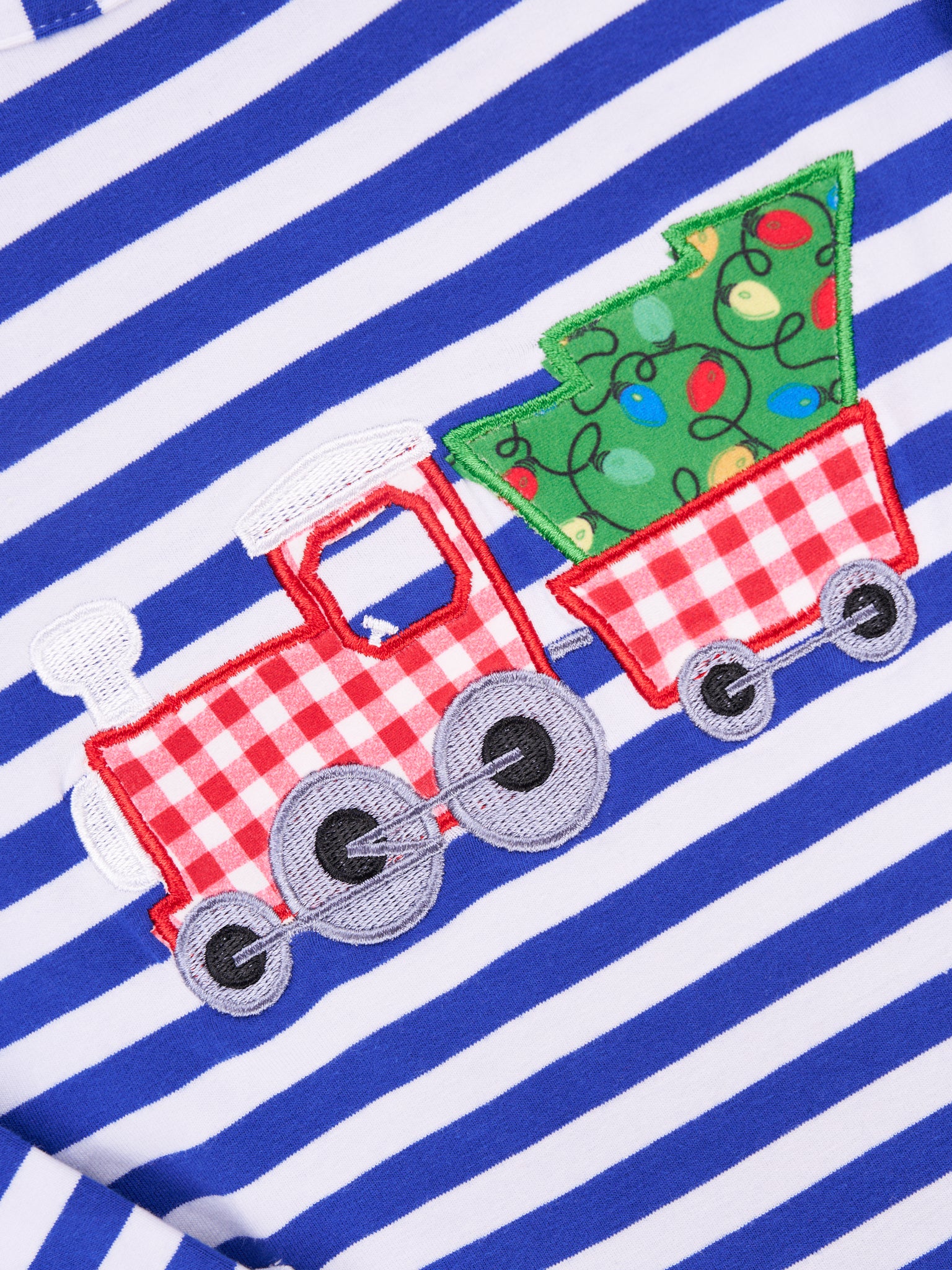 Blue Striped Christmas Tree Train Pocket Dress - Marie Nicole Clothing