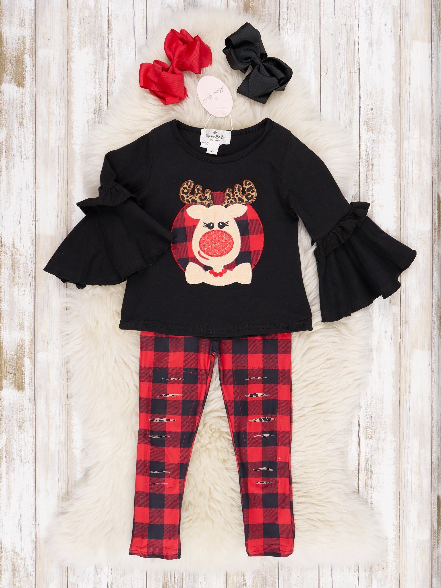 Leopard Reindeer Bell Sleeve Outfit - Marie Nicole Clothing