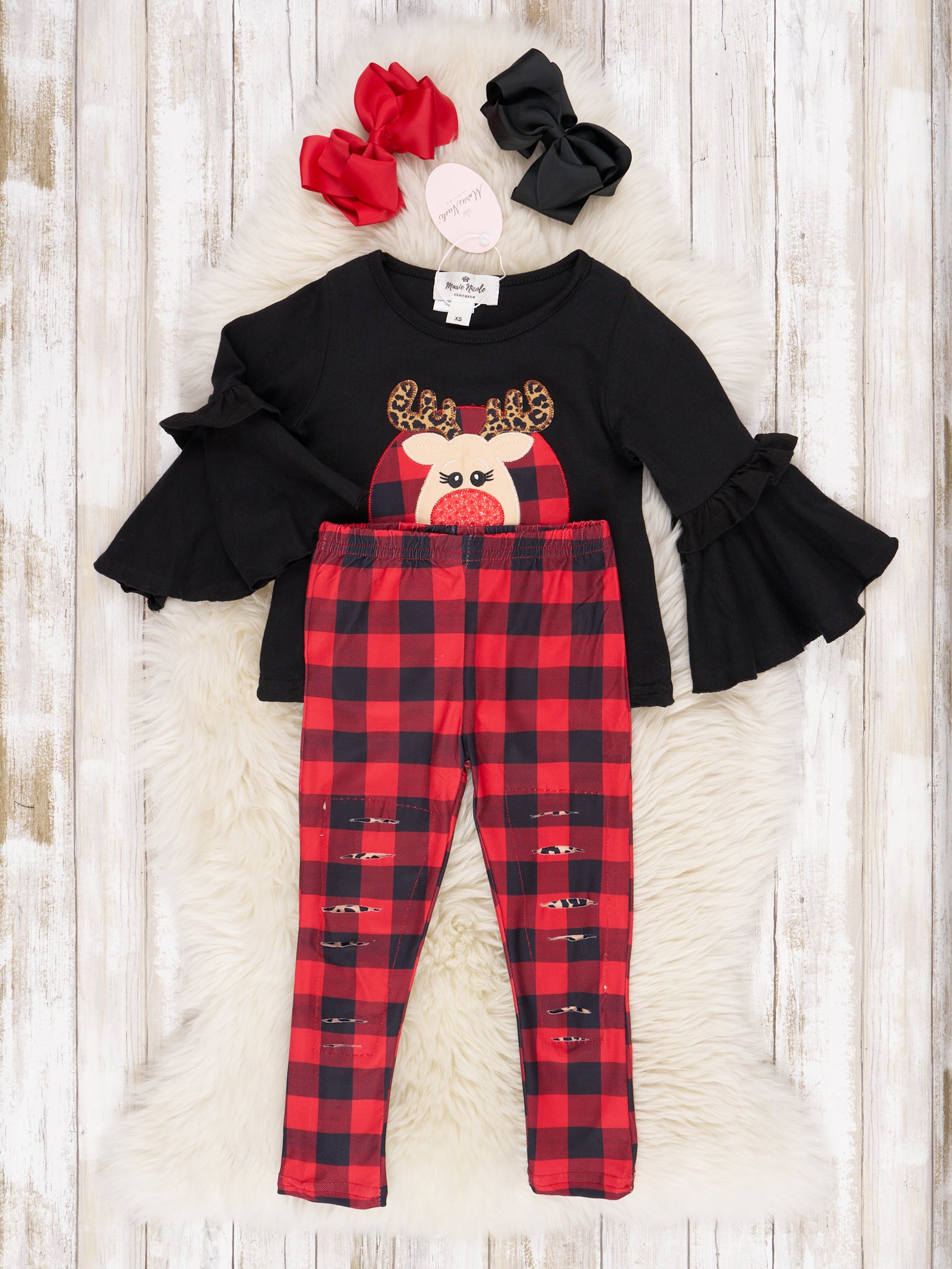 Leopard Reindeer Bell Sleeve Outfit - Marie Nicole Clothing