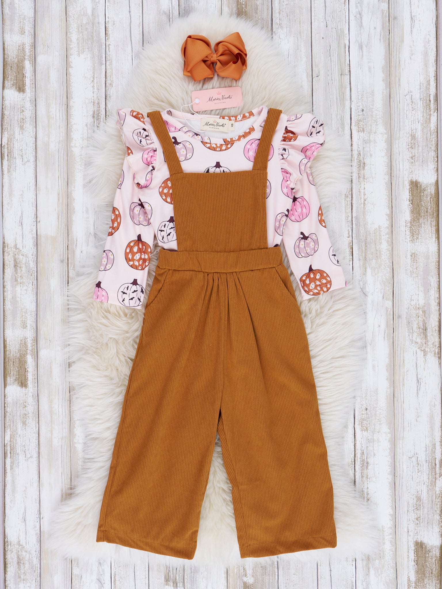Bronze Doodle Pumpkin Suede Overalls Outfit - Marie Nicole Clothing