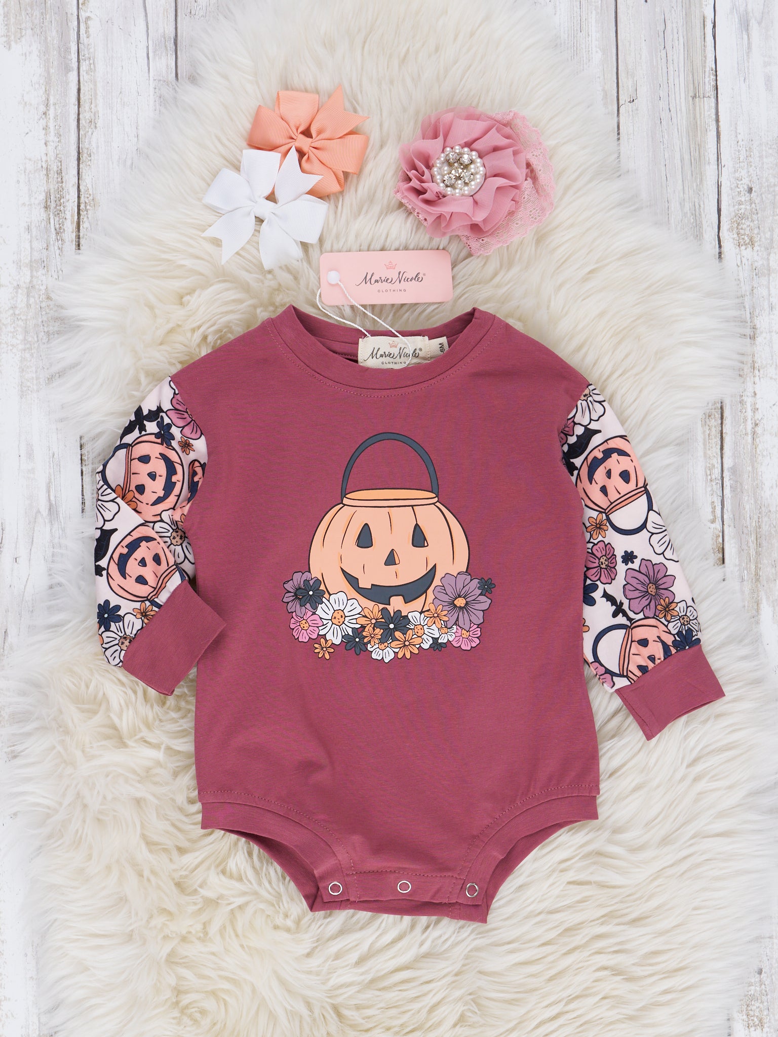 Mauve Floral Jack - o - Lantern Raglan Romper - Marie Nicole Clothing