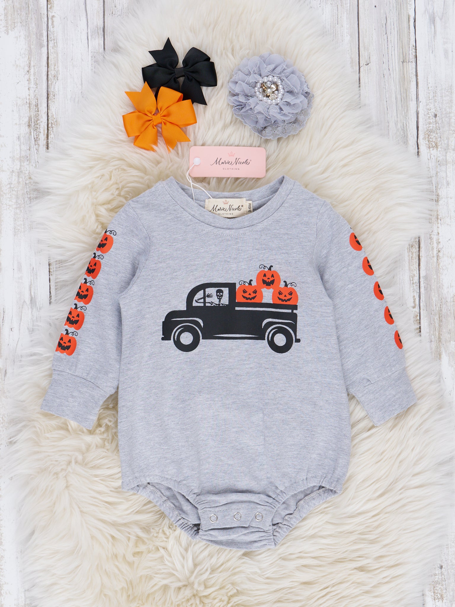 Heather Grey Jack - o - Lantern Truck Crew Neck Romper - Marie Nicole Clothing