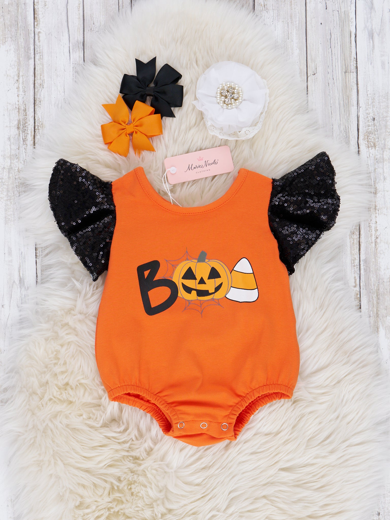 Bright Orange "Boo" Sequin Ruffle Romper - Marie Nicole Clothing