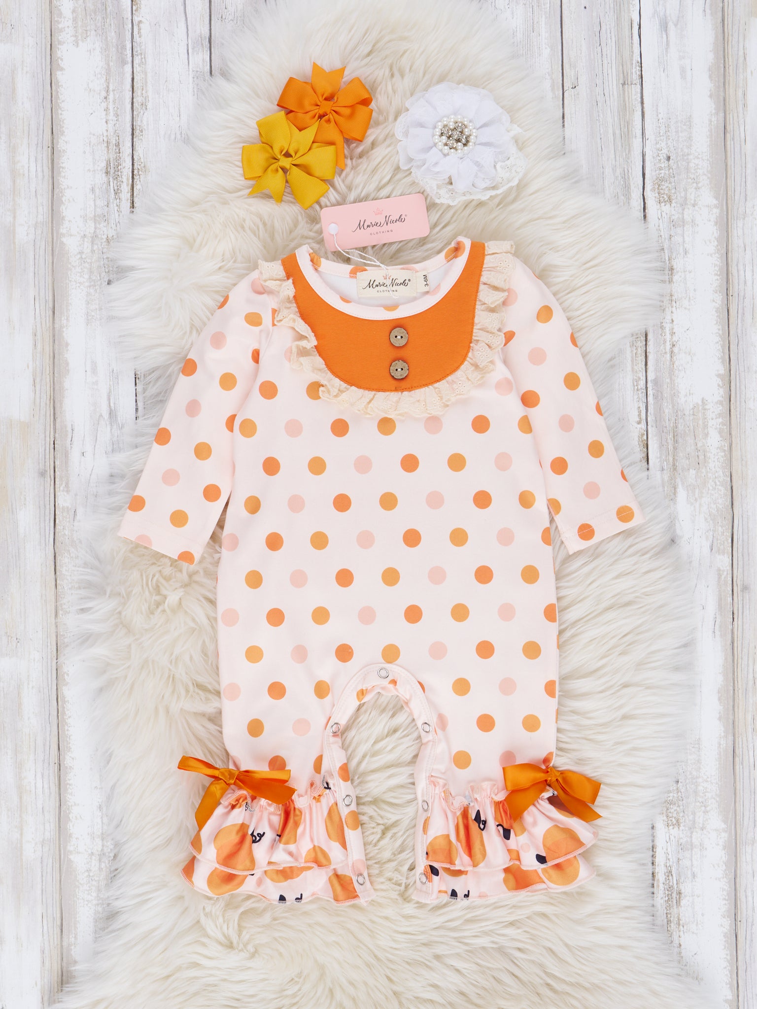 Orange Watercolor Pumpkins & Dots Ruffle Romper - Marie Nicole Clothing