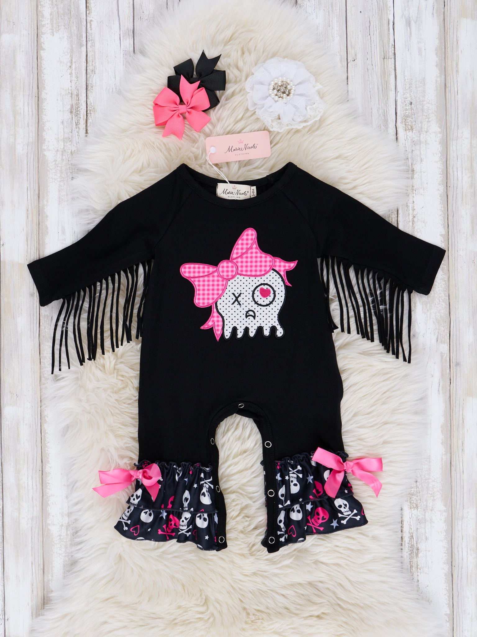 Pink & Black Fringe Skull Ruffle Romper - Marie Nicole Clothing