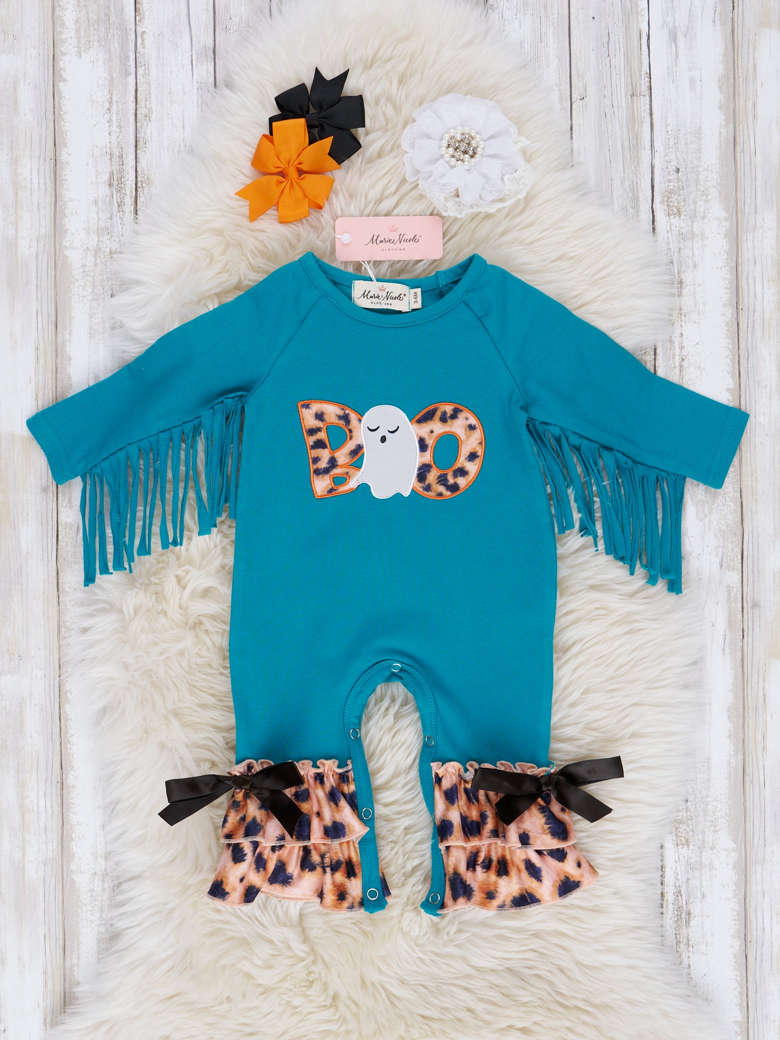 Turquoise Fringe "Boo" Ruffle Romper - Marie Nicole Clothing