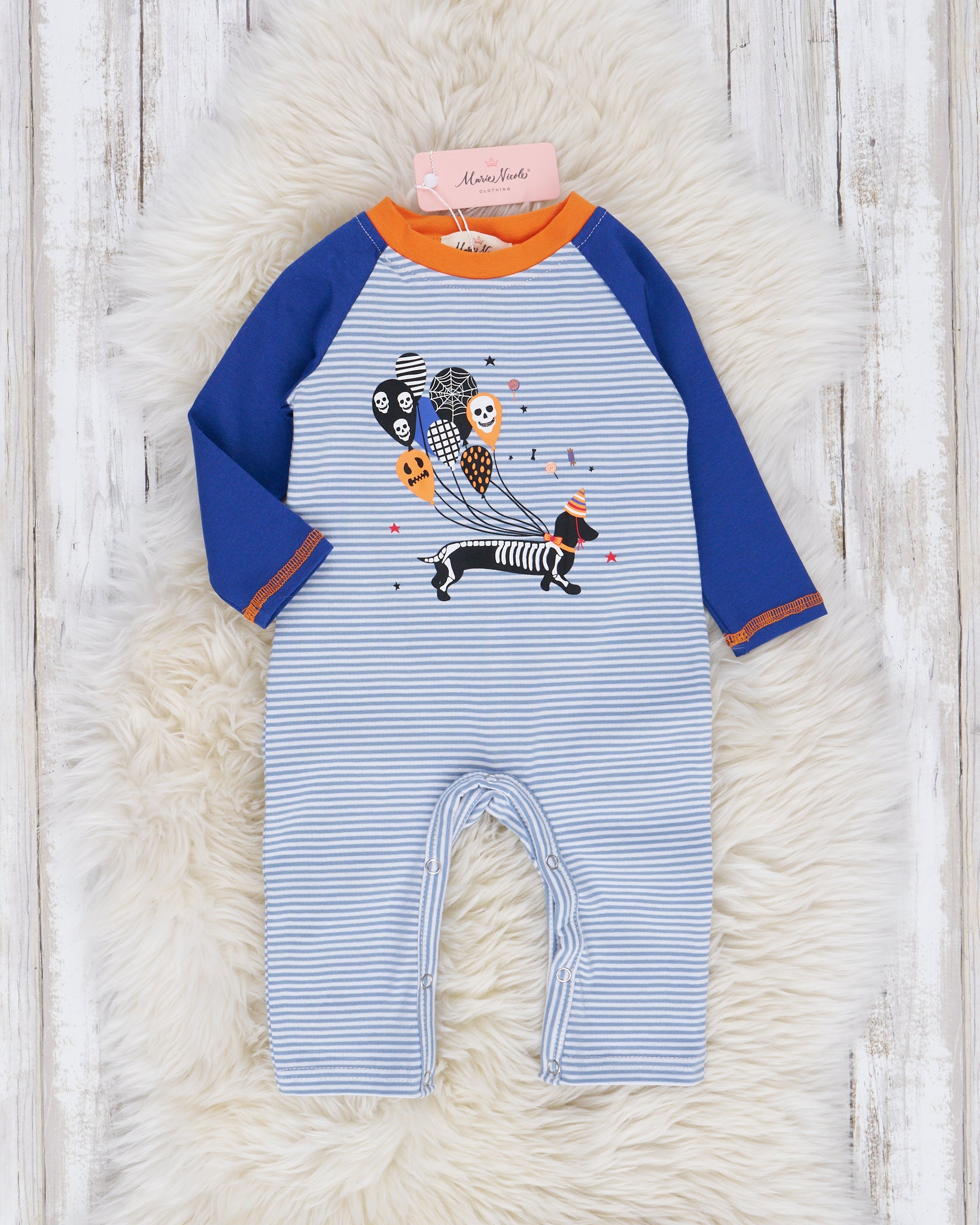 Navy & Orange Skeleton Crew Embroidered Romper - Marie Nicole Clothing