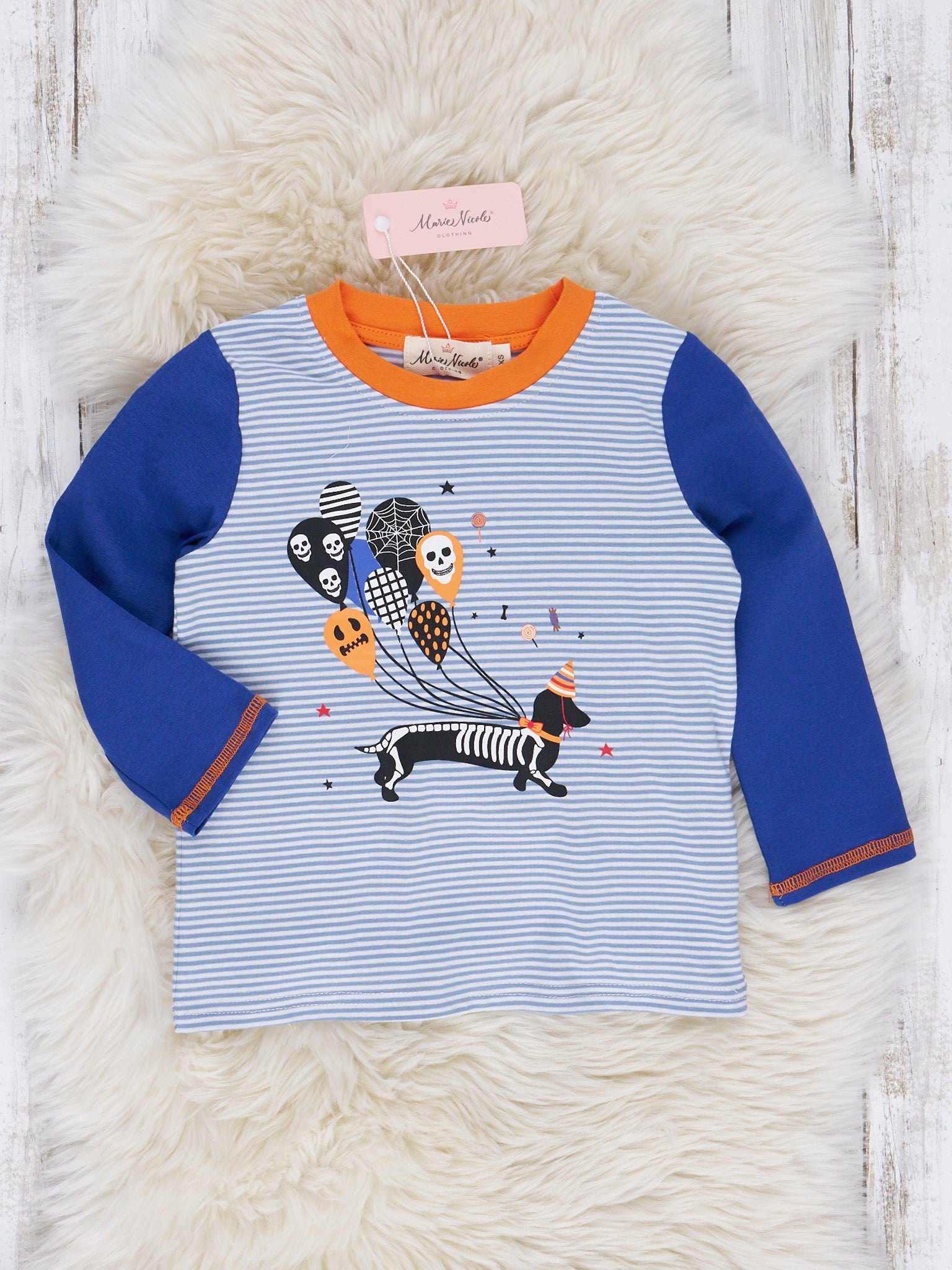 Navy & Orange Skeleton Crew Embroidered Top - Marie Nicole Clothing