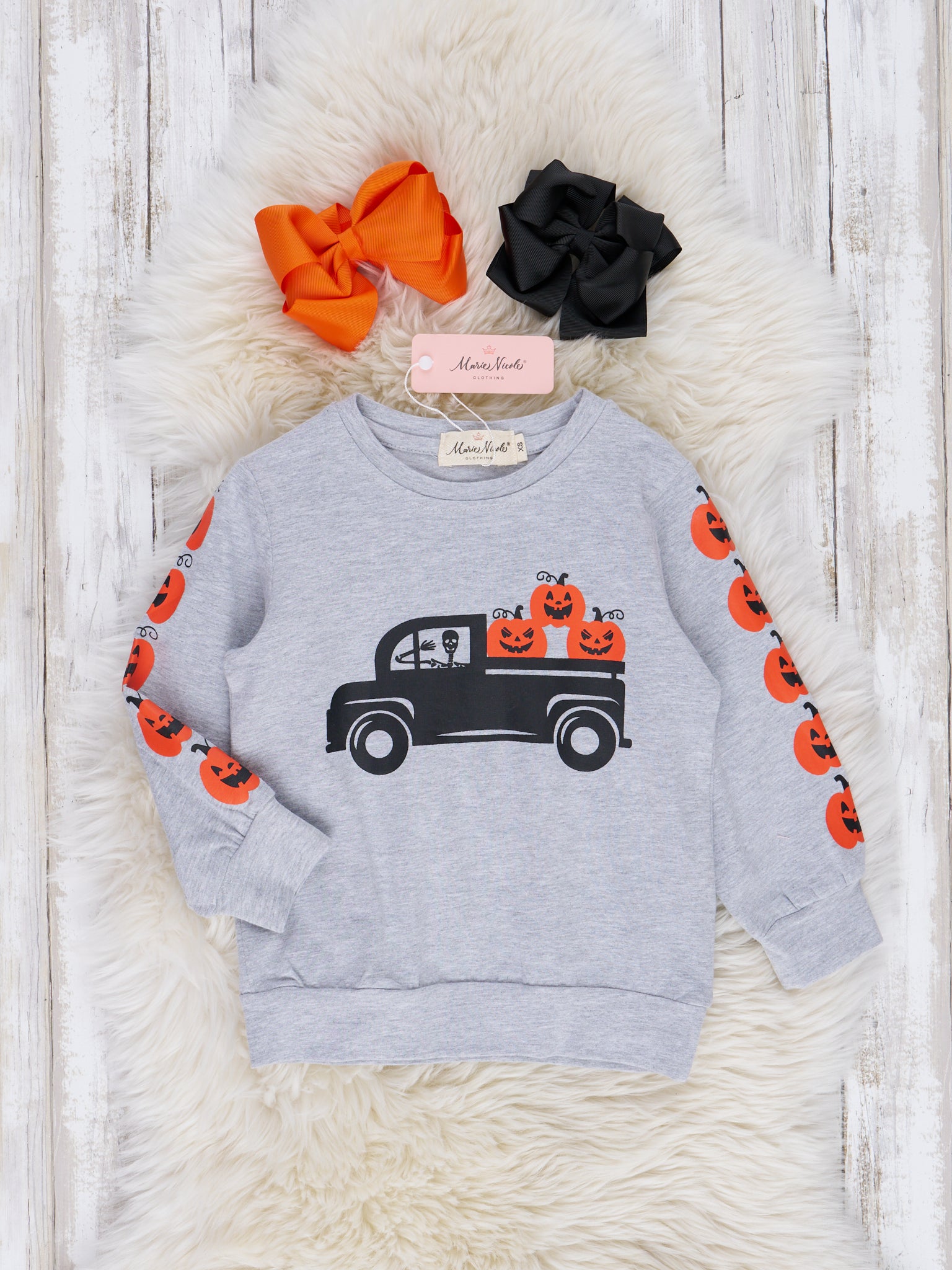 Heather Grey Jack - o - Lantern Truck Crew Neck Top - Marie Nicole Clothing