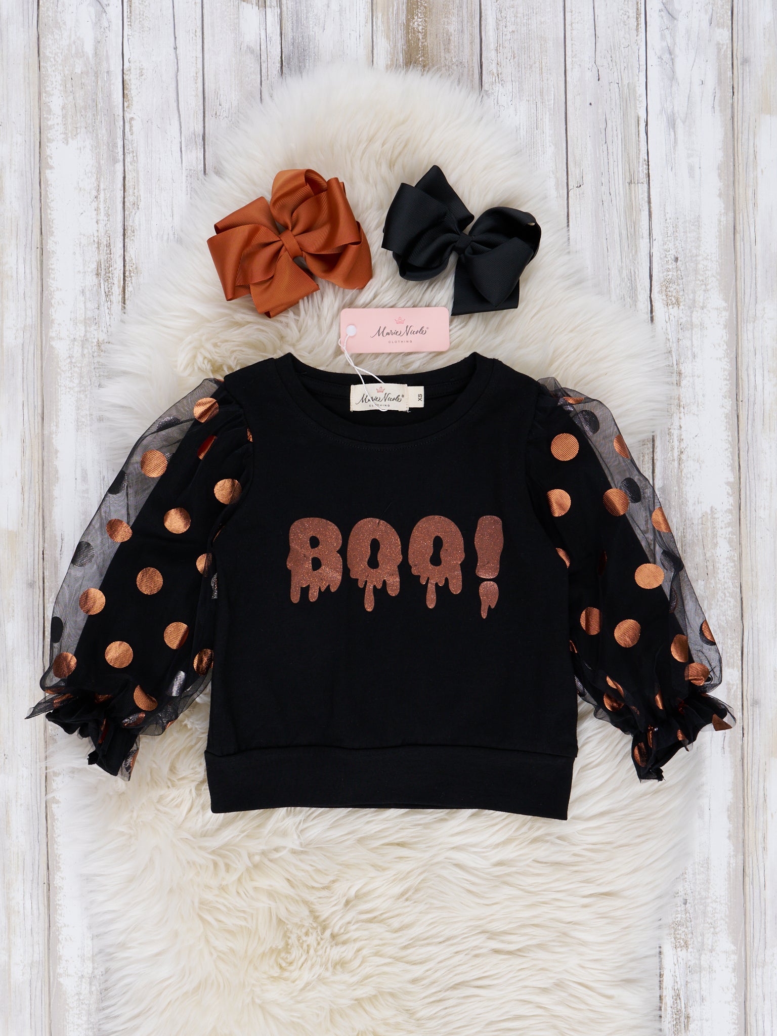 Mom & Me Orange & Black "Boo" Polka Dot Top - Marie Nicole Clothing