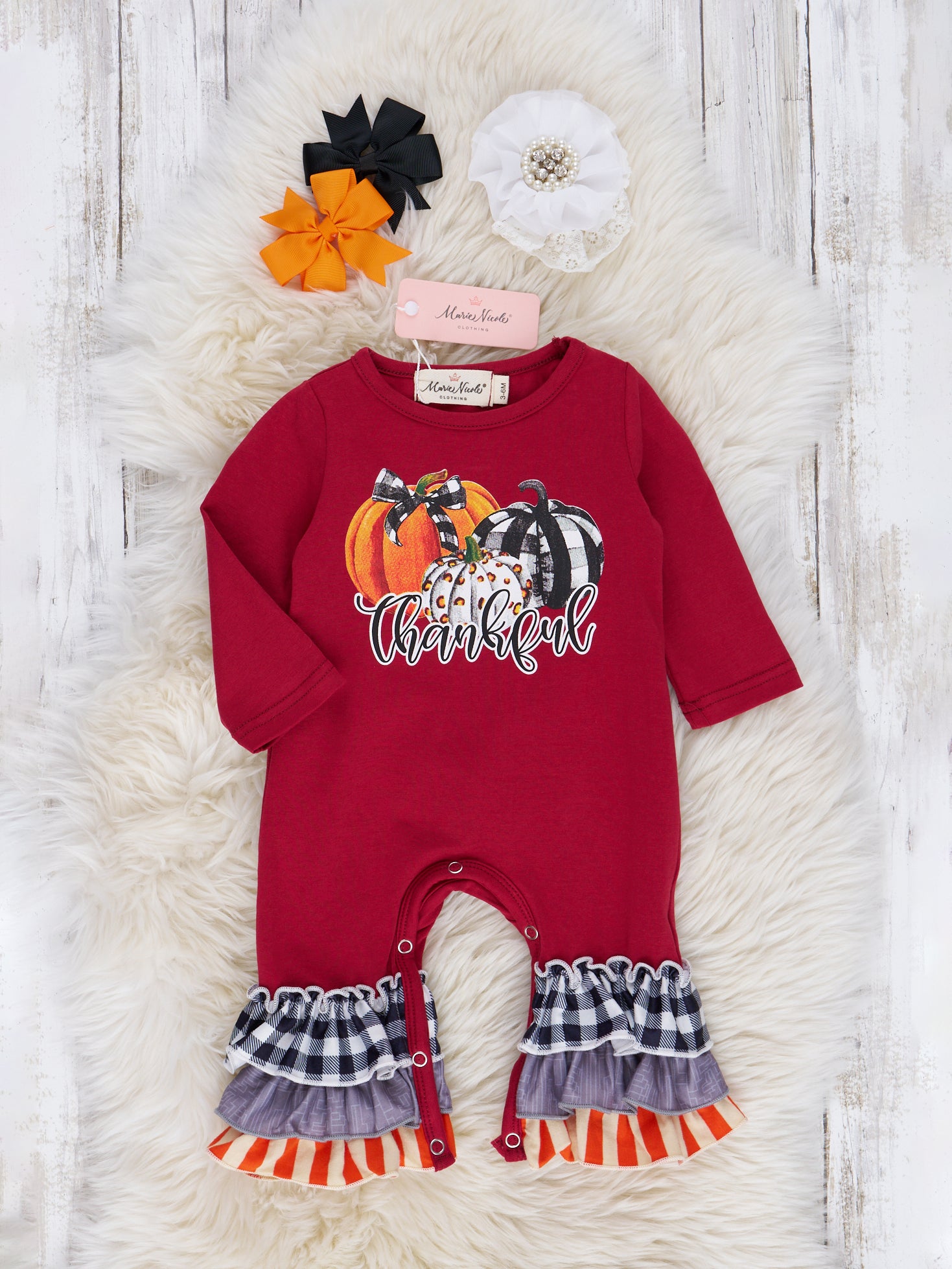 Crimson Gingham & Stripe "Thankful" Ruffle Romper - Marie Nicole Clothing