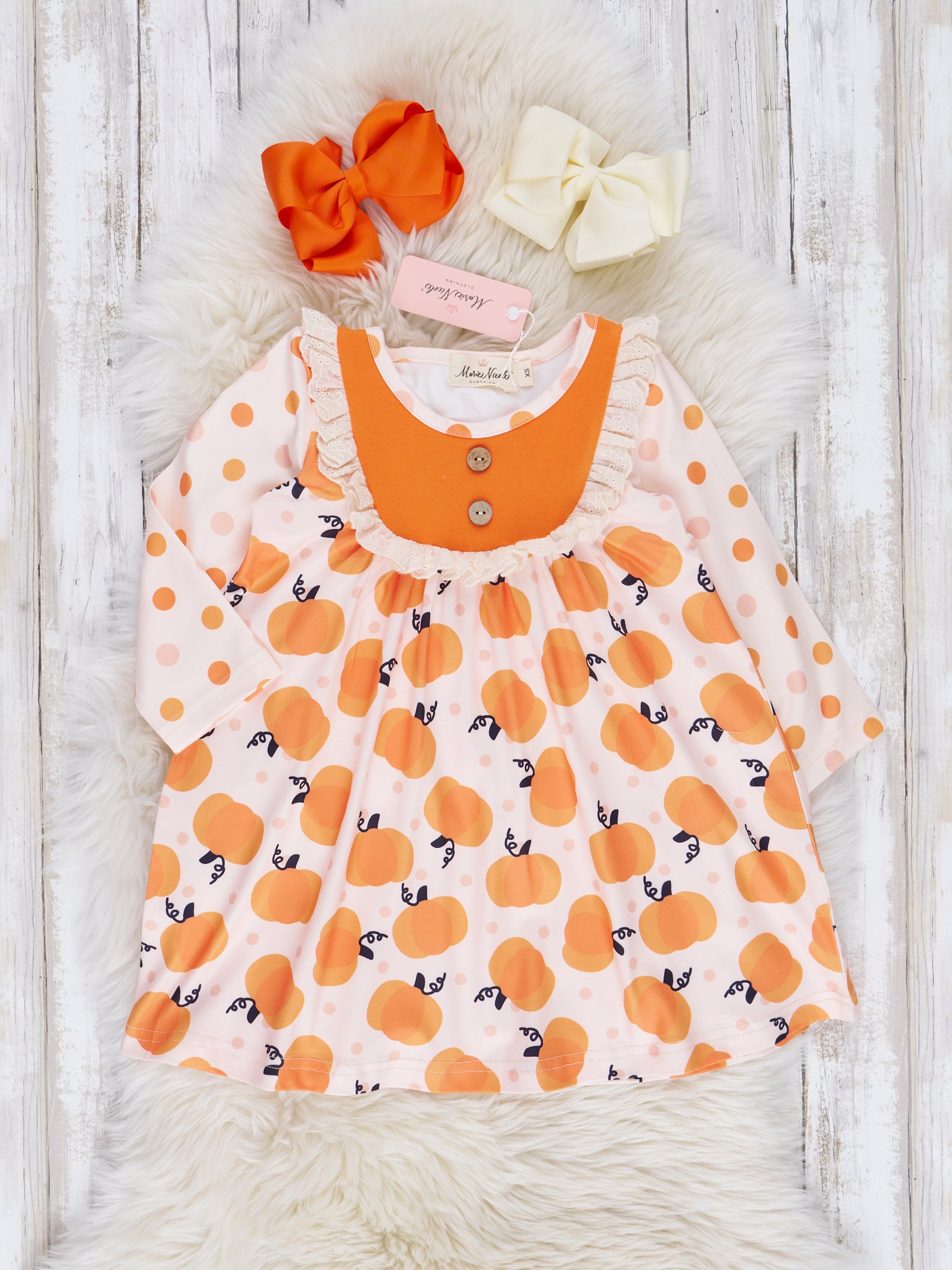 Orange Watercolor Pumpkins & Dots Ruffle Dress - Marie Nicole Clothing