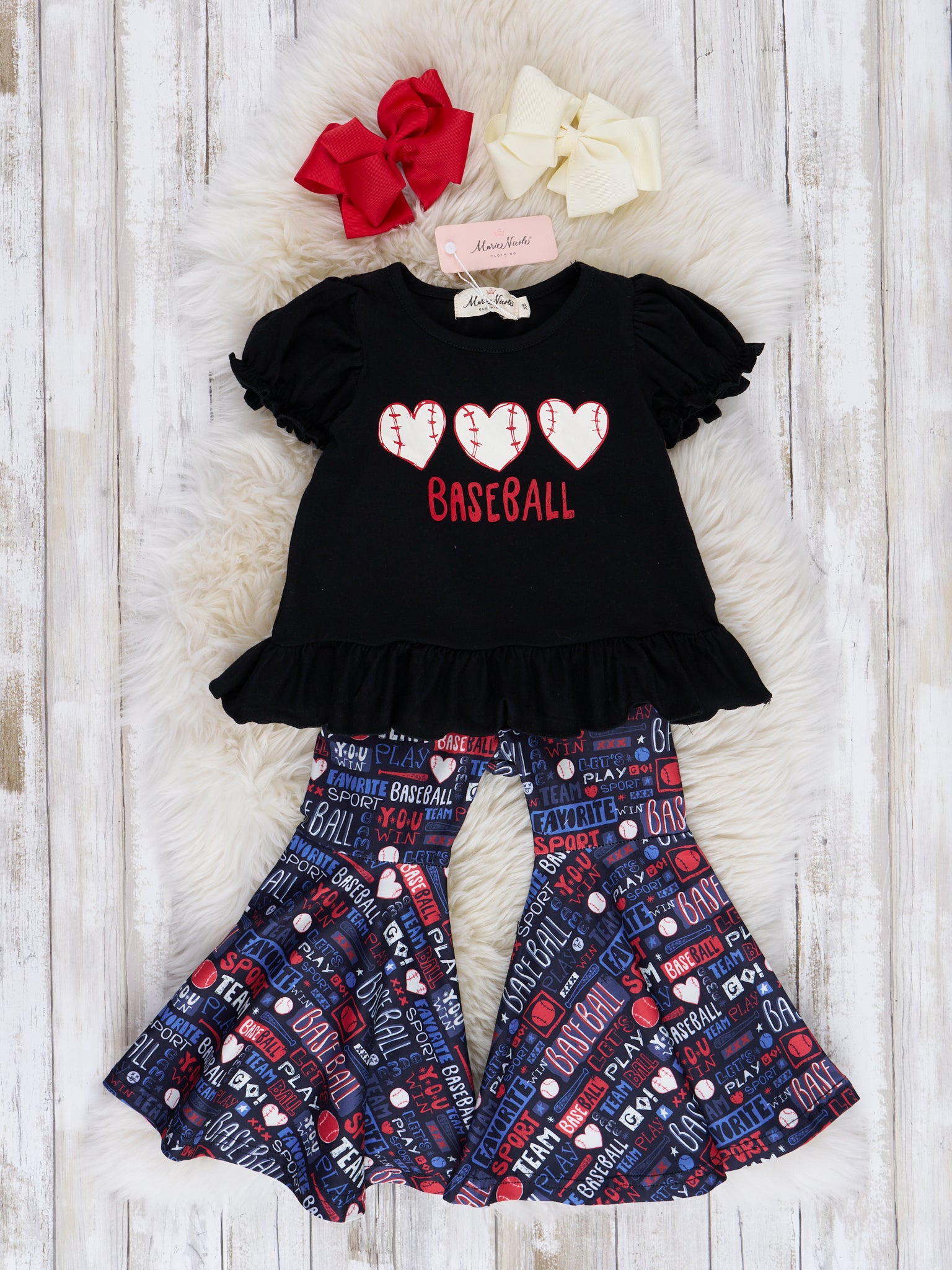 Black Baseball Hearts Bell Bottom Outfit - Marie Nicole Clothing