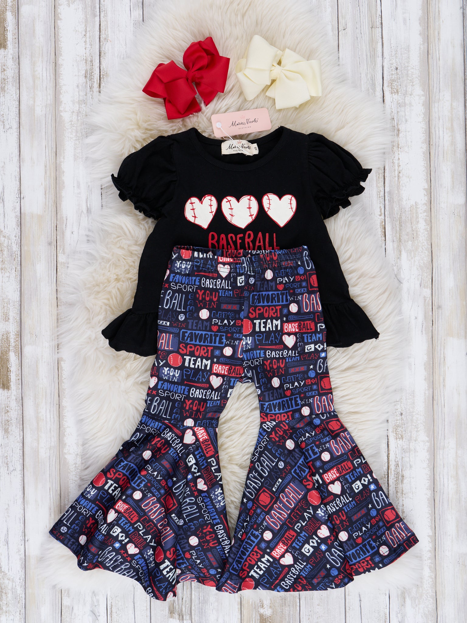Black Baseball Hearts Bell Bottom Outfit - Marie Nicole Clothing