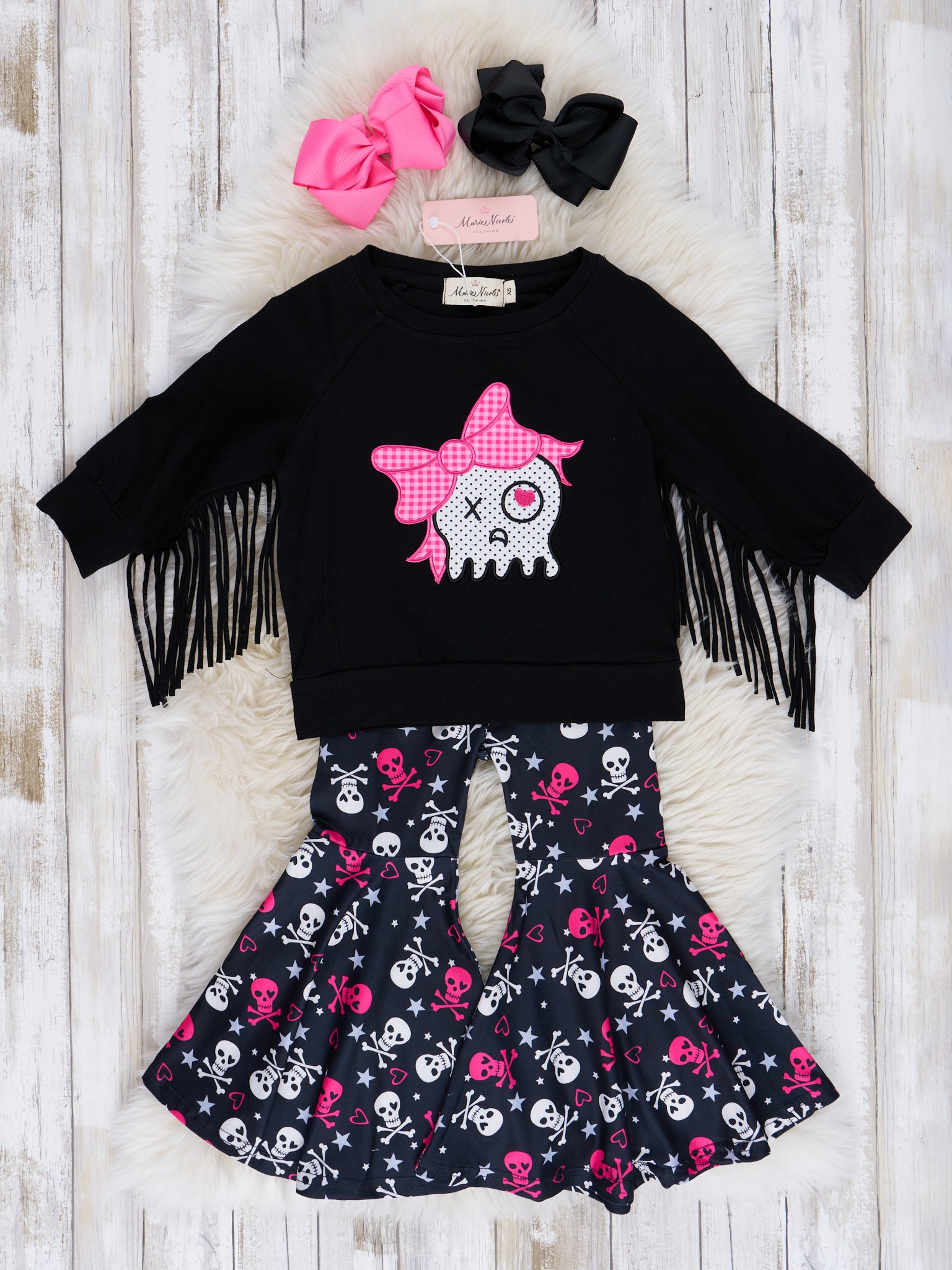Pink & Black Fringe Skull Bell Bottom Outfit - Marie Nicole Clothing