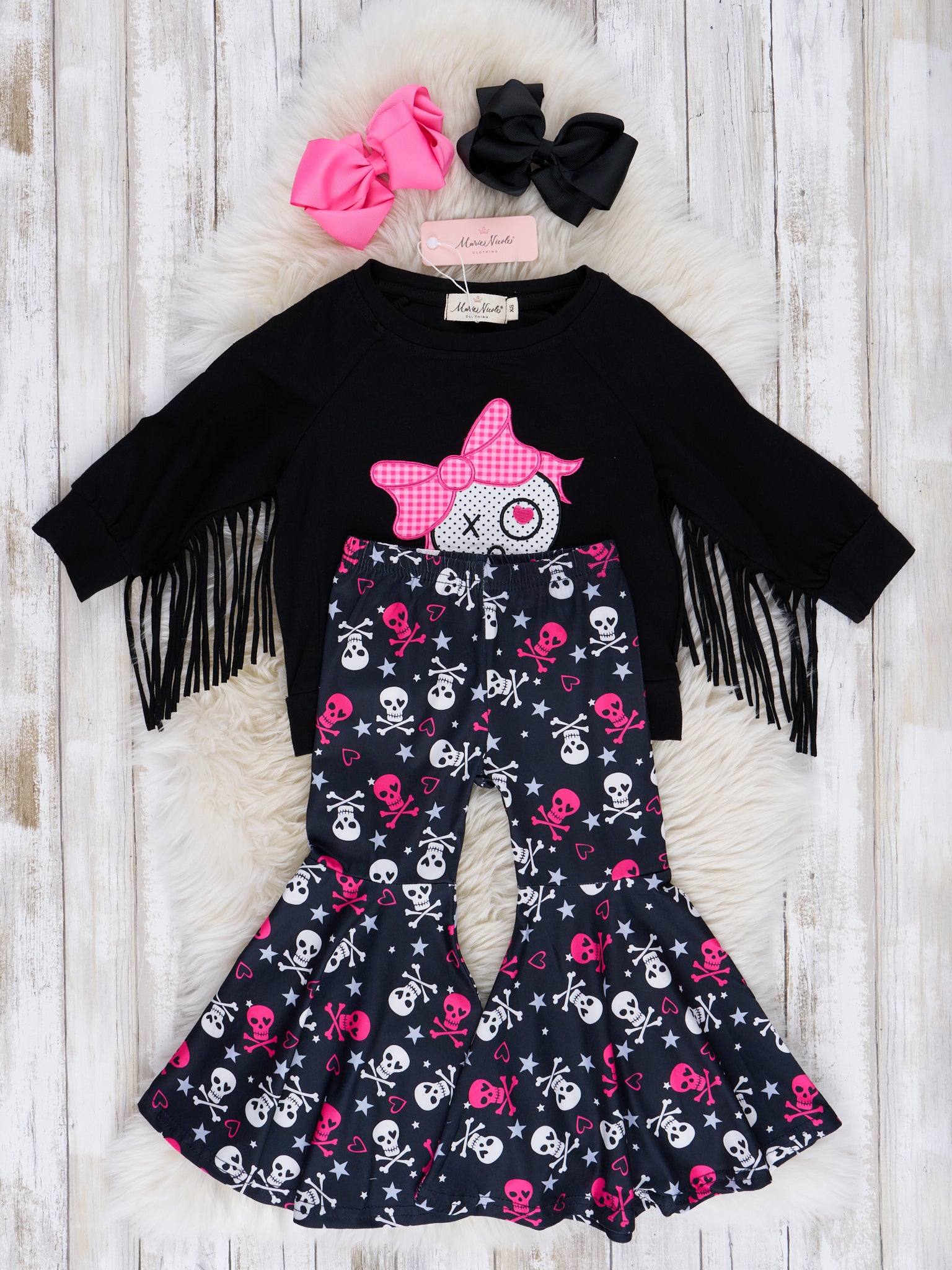 Pink & Black Fringe Skull Bell Bottom Outfit - Marie Nicole Clothing