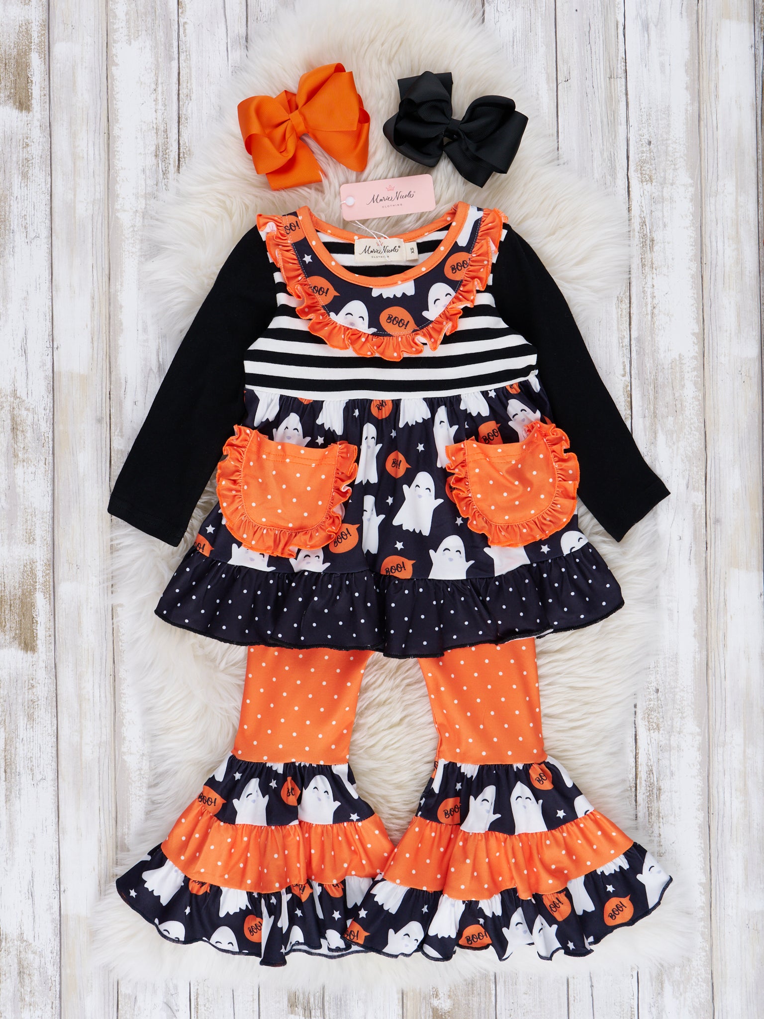 Orange & Black Ghost Ruffle Outfit - Marie Nicole Clothing