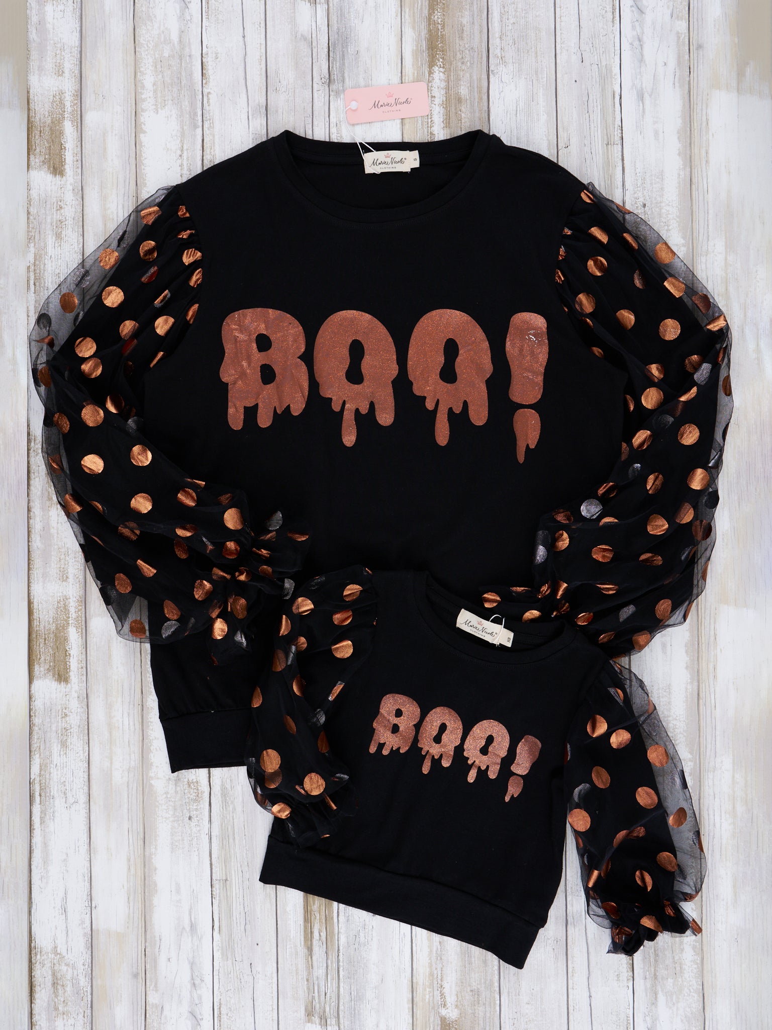 Mom & Me Orange & Black "Boo" Polka Dot Top - Marie Nicole Clothing